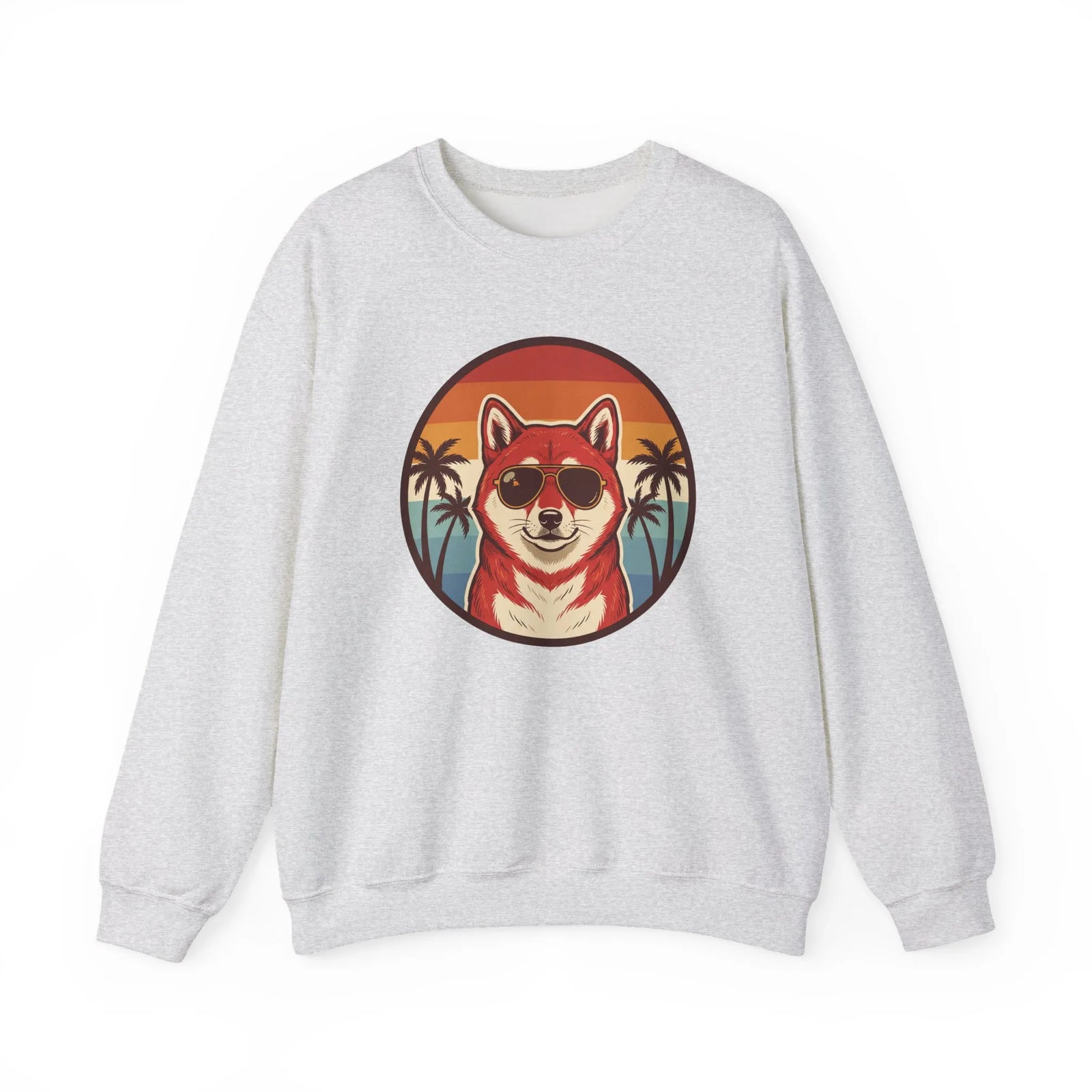 Shiba Inu Cool Dog 70s Sunset Sweatshirt - Heavy Blend Fleece Crewneck - Unisex White