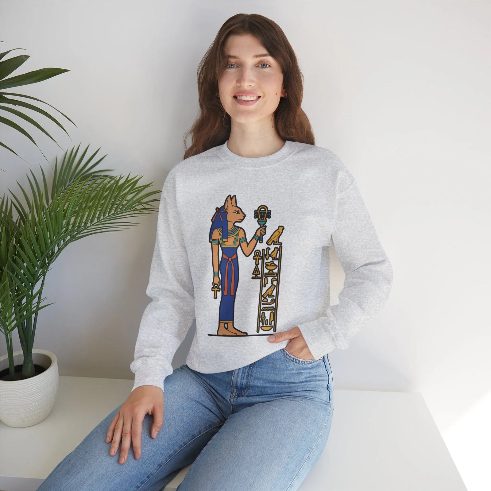 Bastet Sphynx Egyptian Cat Sweatshirt - Heavy Blend Fleece Crewneck - Unisex Ash Gray