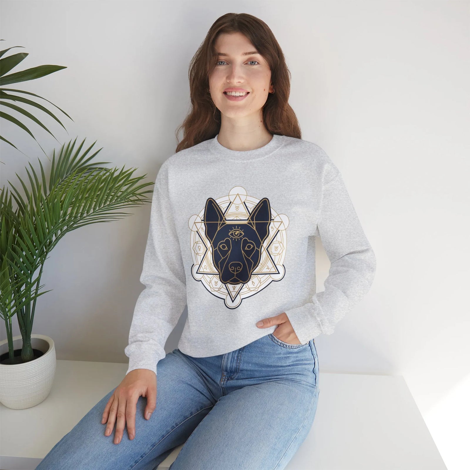 Third Eye Sacred Geometry Spirit Dog Sweatshirt - Heavy Blend Cotton Polyester Crewneck - Unisex White