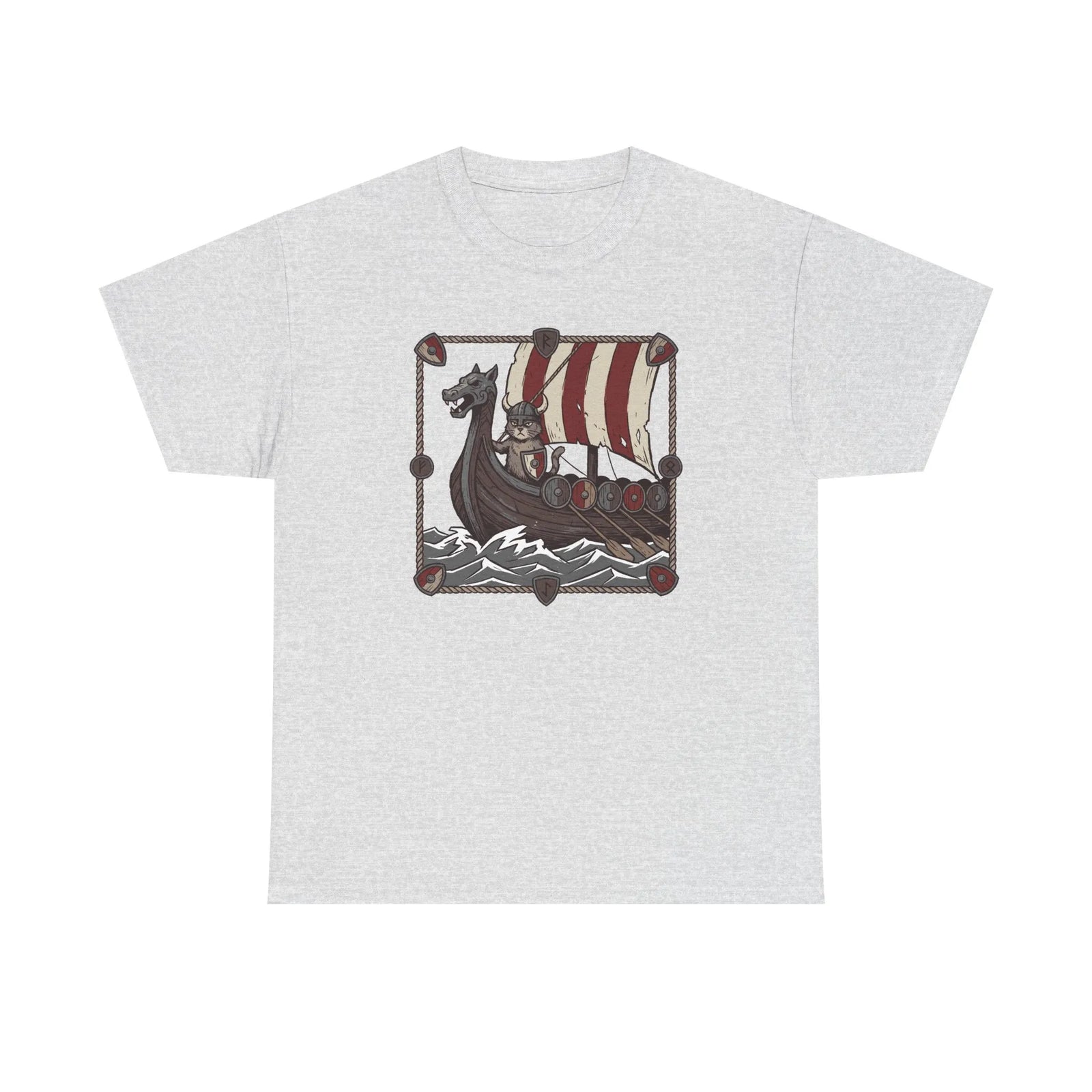 Viking Berserker Cat Longship T-Shirt - Heavyweight Cotton Classic Crewneck - Unisex White