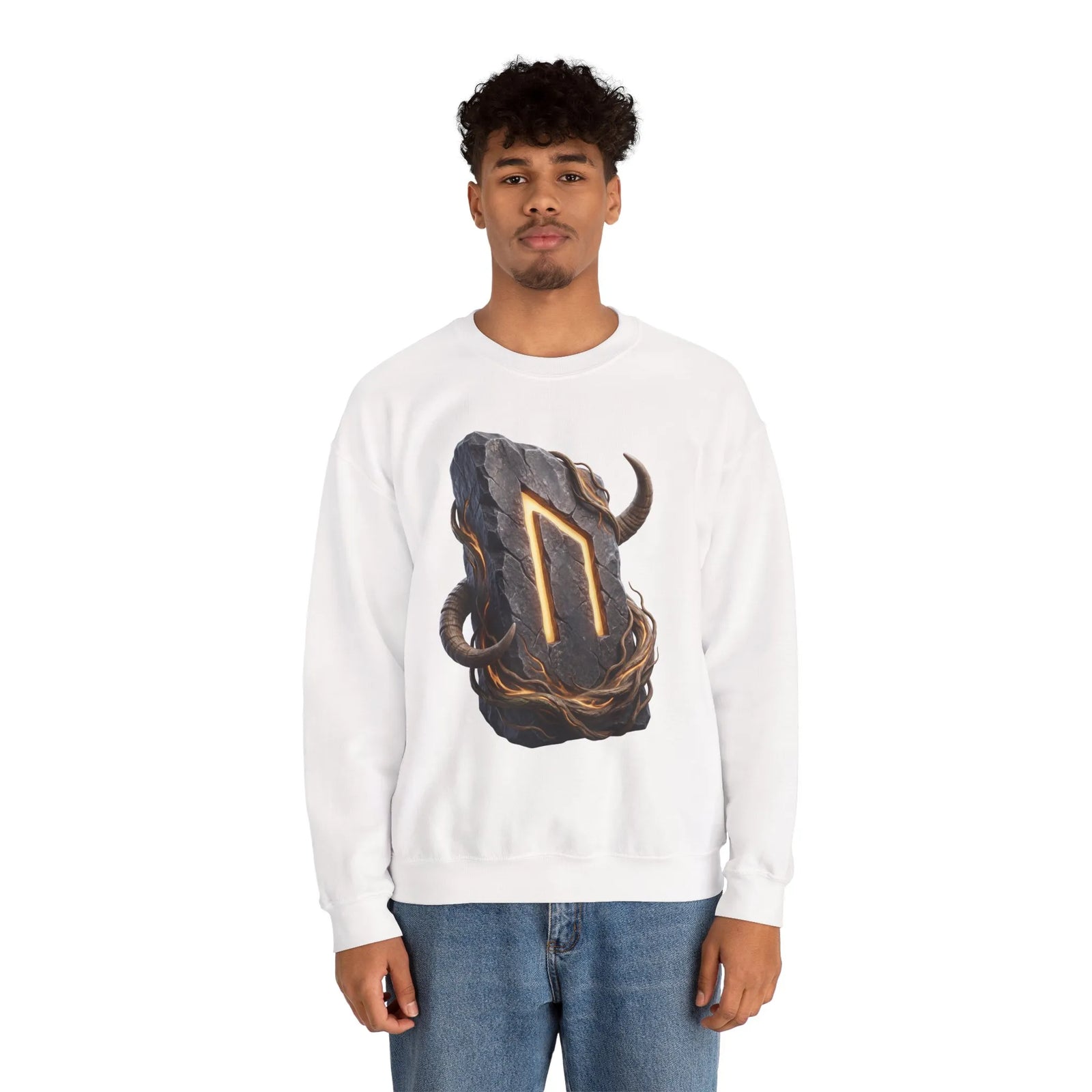 Uruz Rune Vitality Sweatshirt - Heavy Blend Crewneck Fleece - Unisex White