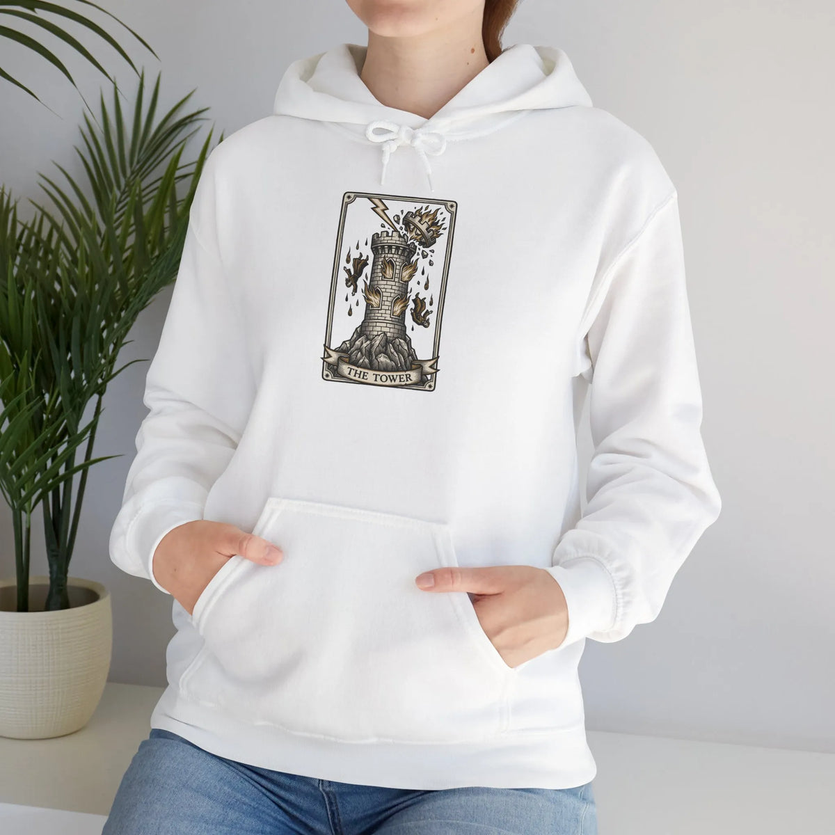 The Tower Tarot Card Hoodie - Heavy Blend Fleece Pullover - Unisex White