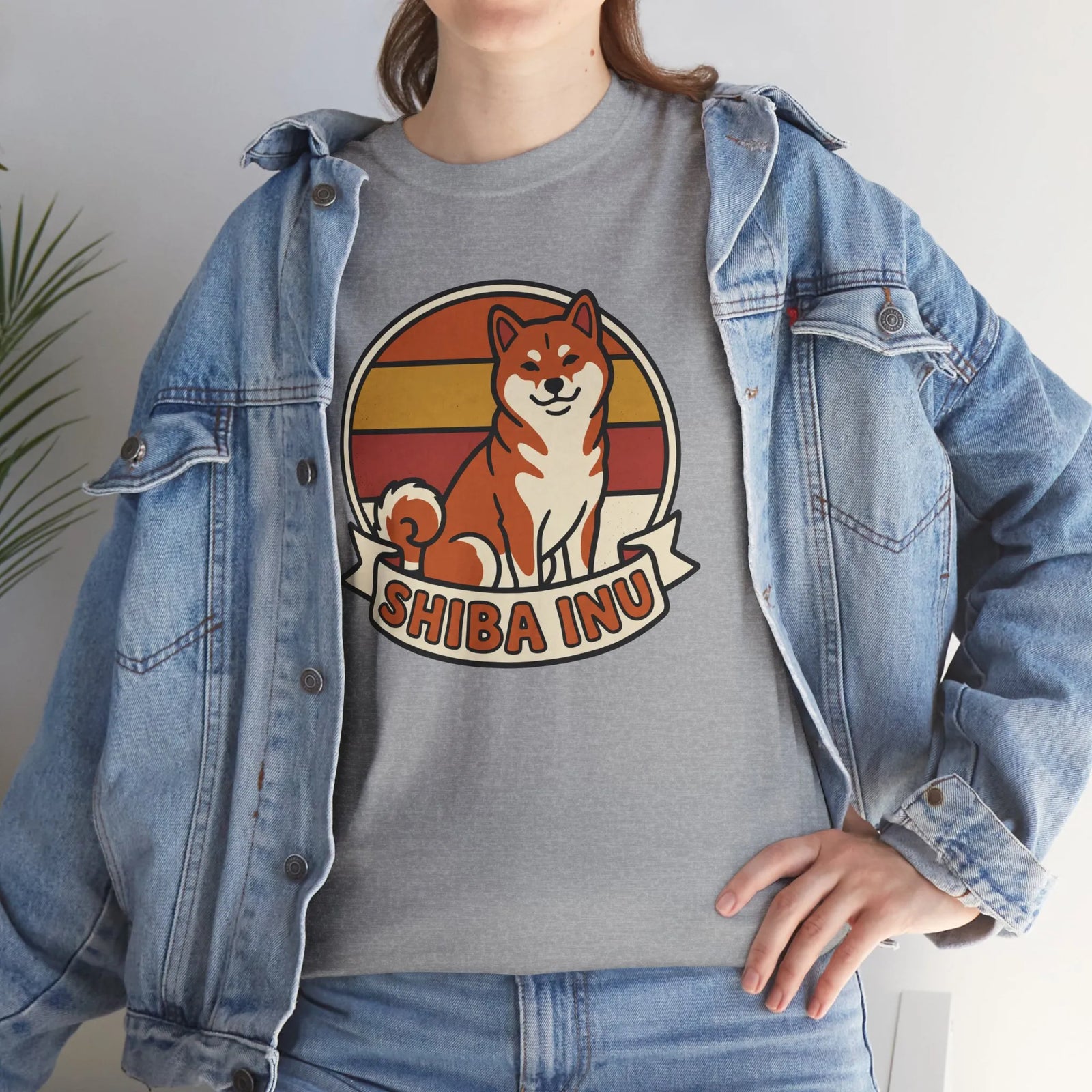 Shiba Inu Retro Sunset Graphic T-Shirt - Heavyweight Cotton Classic Fit - Unisex White