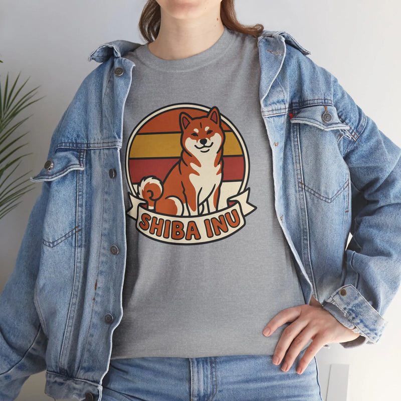 Shiba Inu Retro Sunset Graphic T-Shirt - Heavyweight Cotton Classic Fit - Unisex White