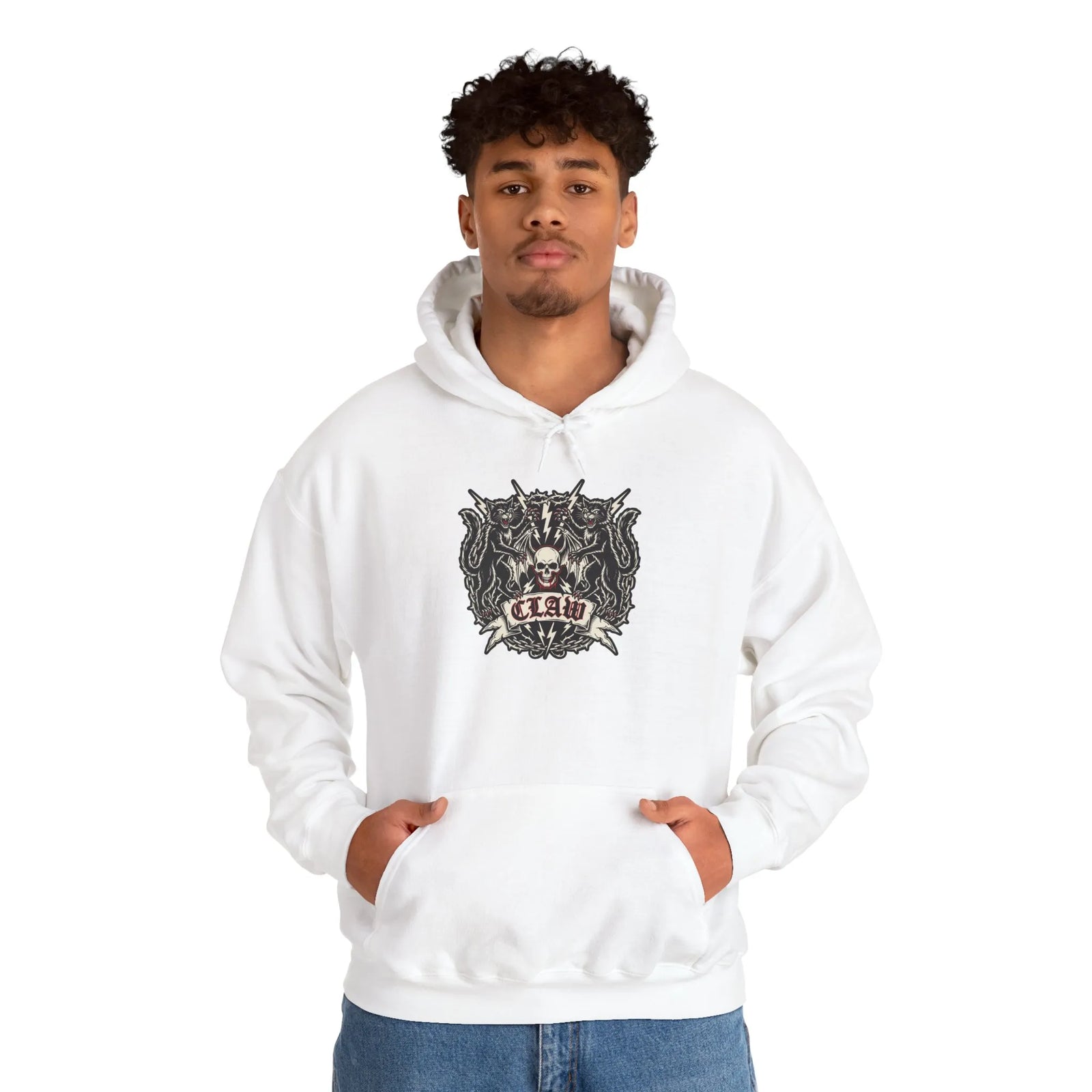 Band Crest Heavy Metal Rocker Cats Hoodie - Heavyweight Cotton Blend Classic Fit - Unisex White