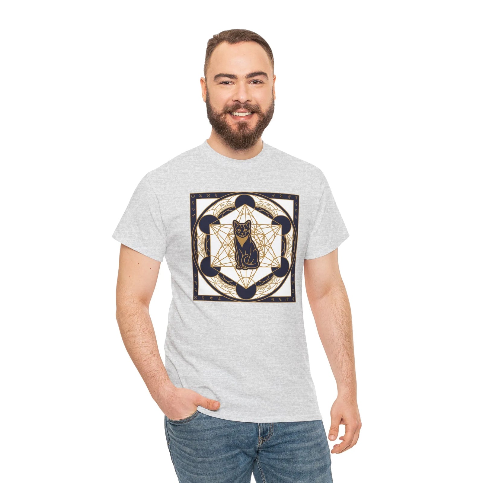 Metatron's Cat Sacred Geometry T-Shirt - Heavyweight Cotton Classic Fit Tee - Unisex White