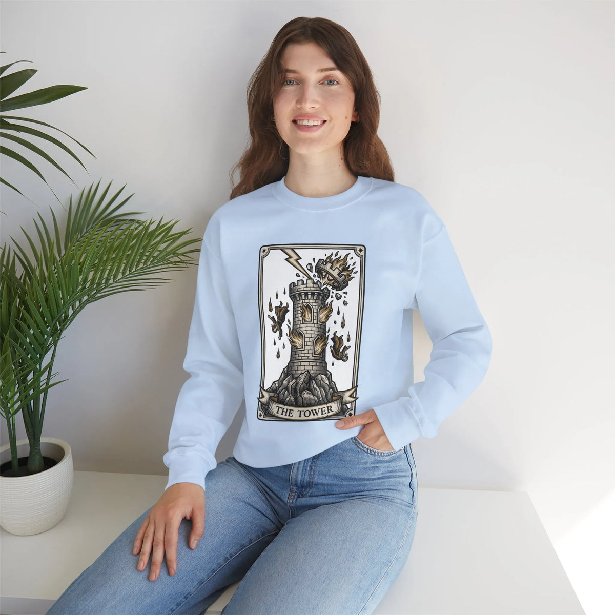 The Tower Tarot Card Sweatshirt - Heavy Blend Fleece Crewneck - Unisex White
