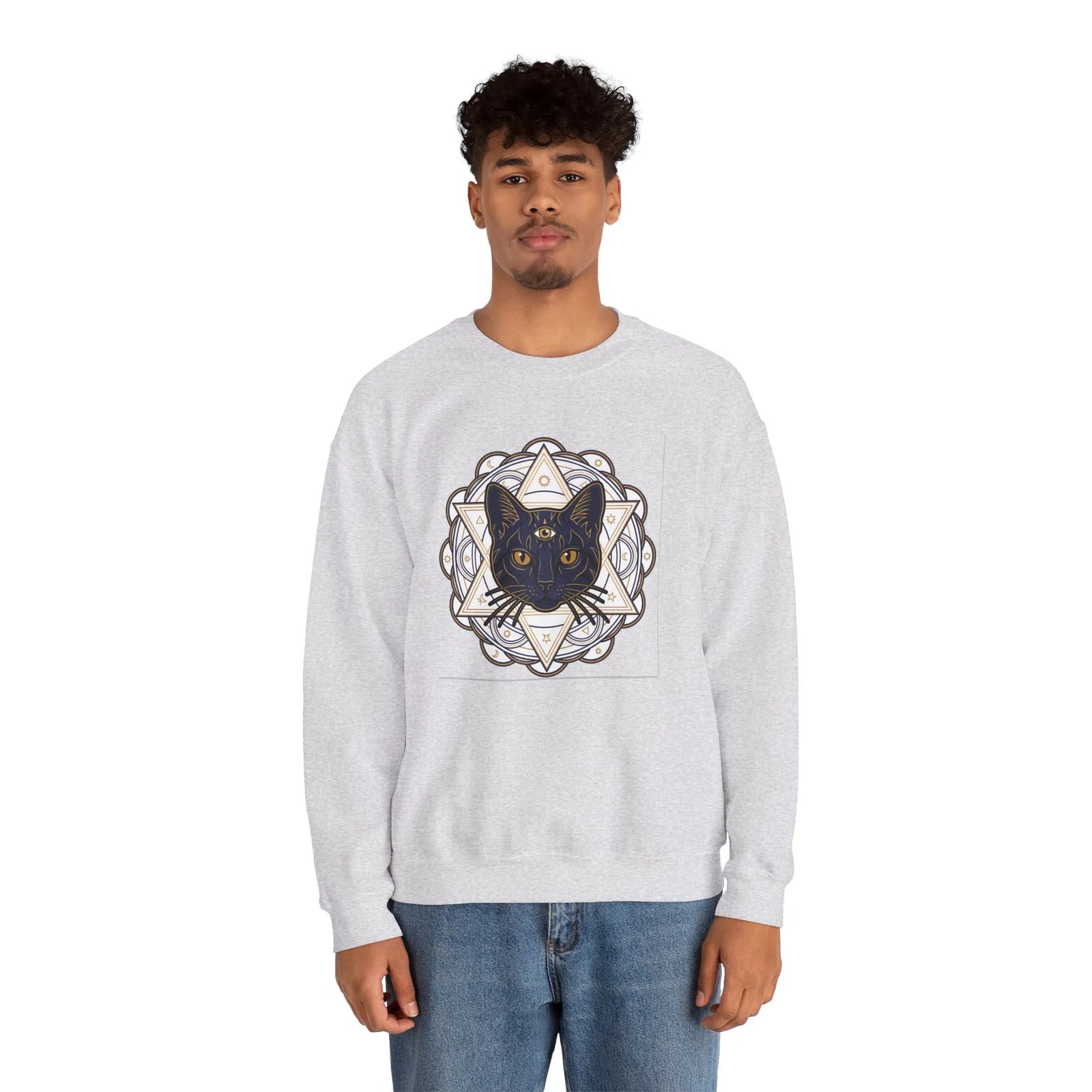 Third Eye Sacred Geometry Cat Sweatshirt - Heavy Blend Fleece Crewneck - Unisex White