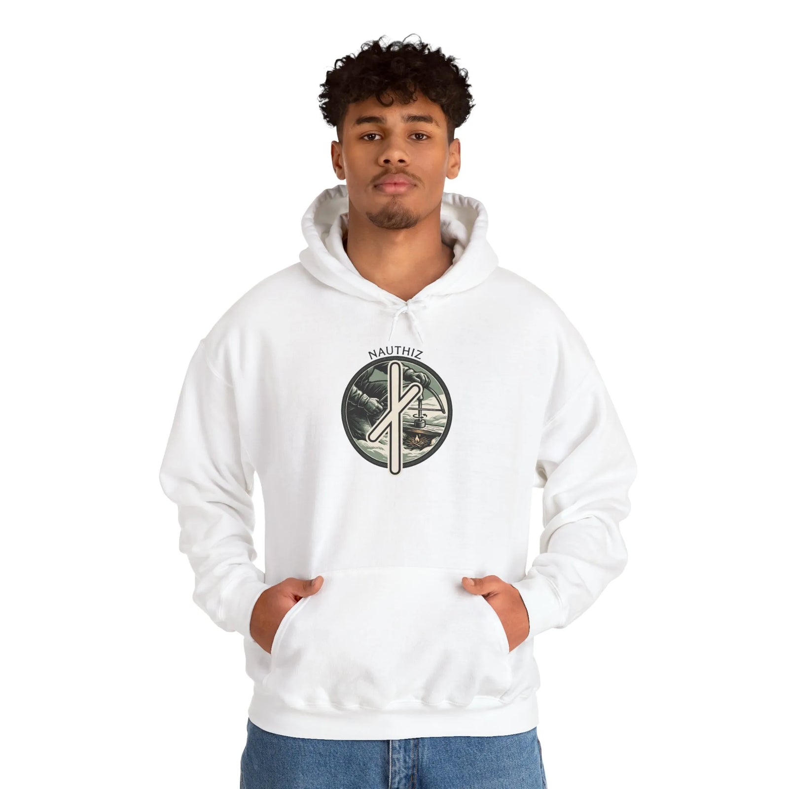 Nauthiz Rune Necessity Graphic Hoodie - Soft Cotton-Poly Fleece Pullover - Unisex White