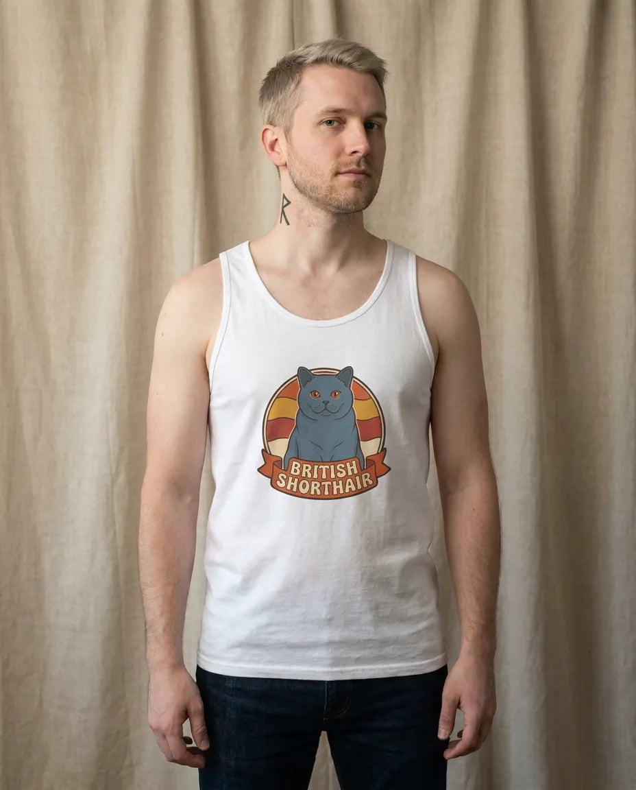 British Shorthair Retro Sunset Tank Top - Soft Lightweight Cotton Jersey - Unisex White