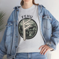 Fehu Rune Wealth Symbol T-Shirt - Heavy Cotton Classic Fit Tee - Unisex White