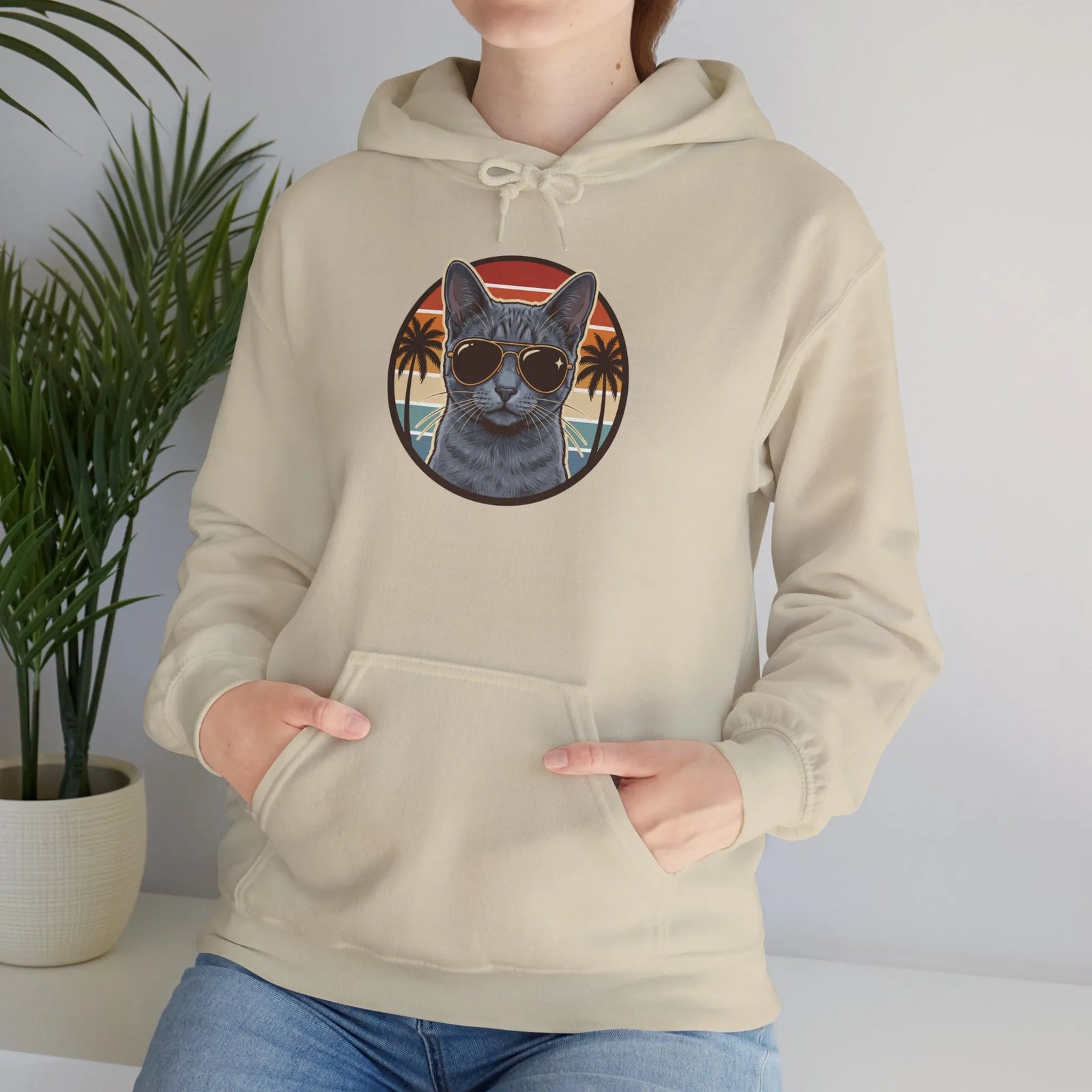 Russian Blue Aviator Cat 70s Sunset Hoodie - Soft Blend Fleece Pullover - Unisex White