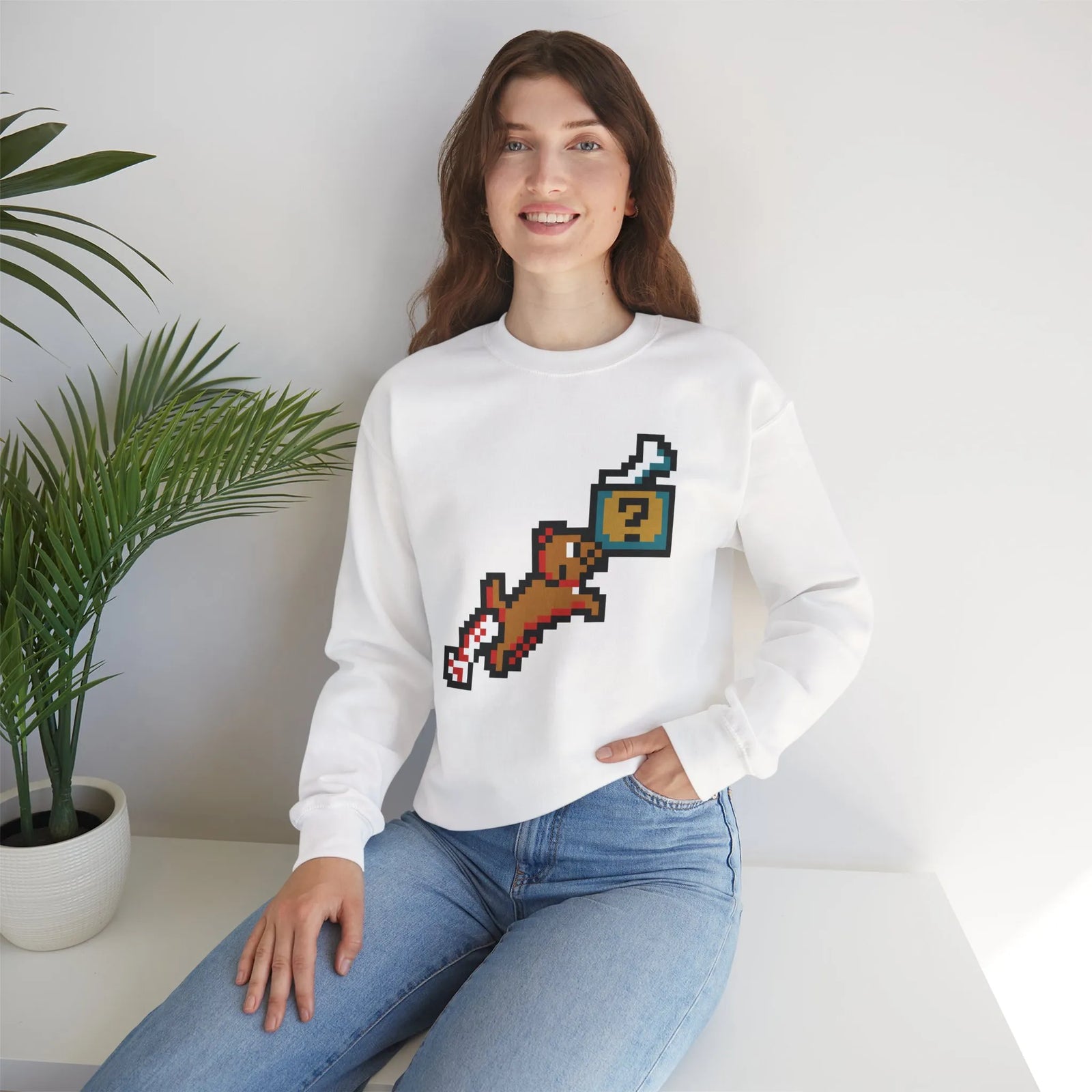 Fetch Quest 8-Bit Pixel Gaming Dog Sweatshirt - Heavy Blend Cotton Polyester Crewneck - Unisex White