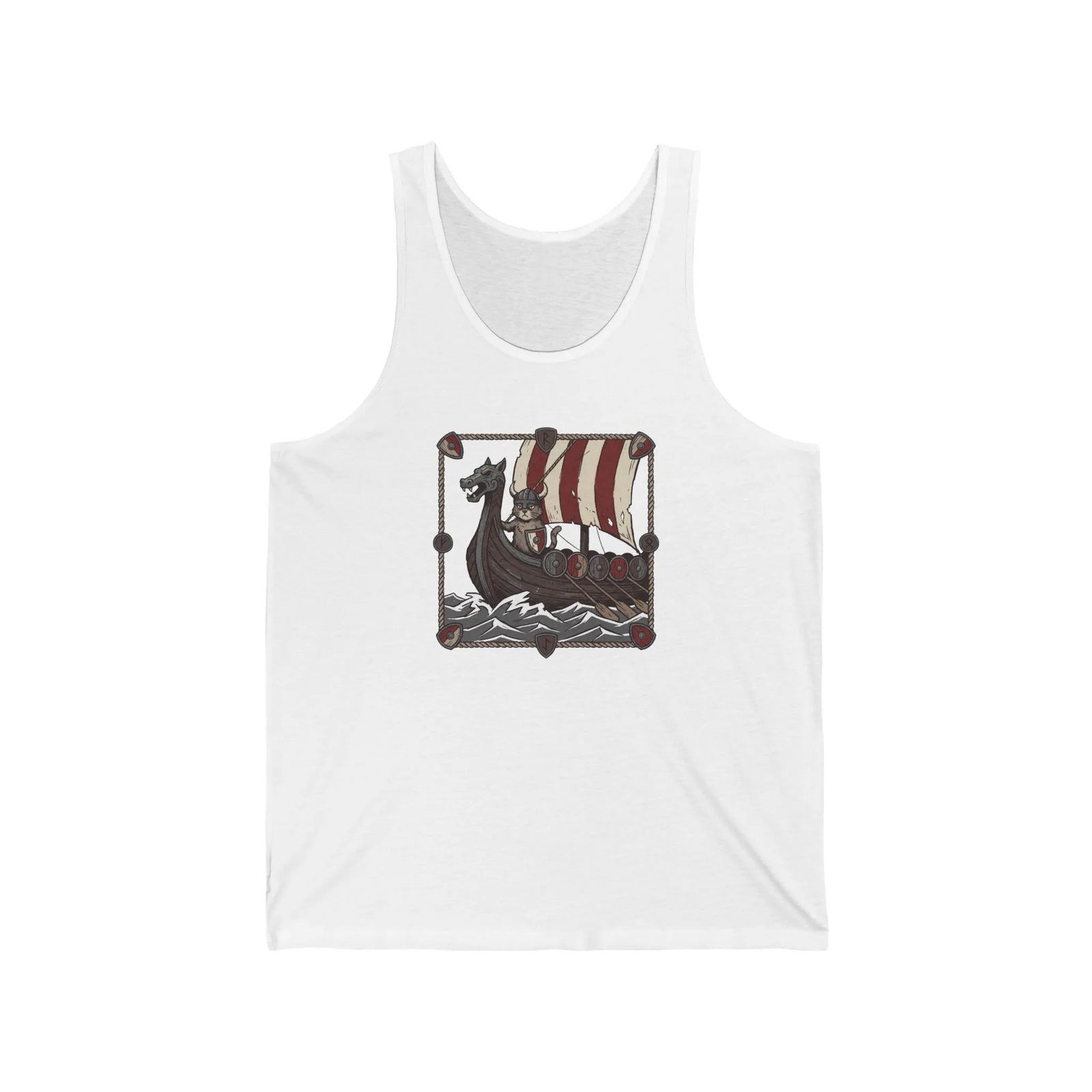 Viking Berserker Cat Longship Graphic Tank Top - Soft Ringspun Cotton Jersey - Unisex White
