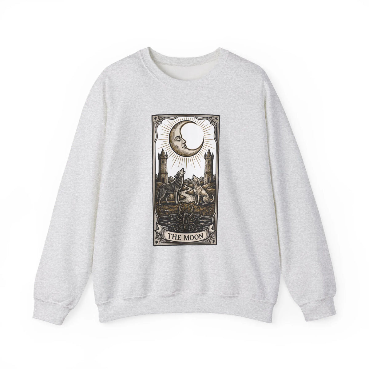 Moon Tarot Card Wolves Graphic Sweatshirt - Heavy Blend Fleece Crewneck - Unisex White