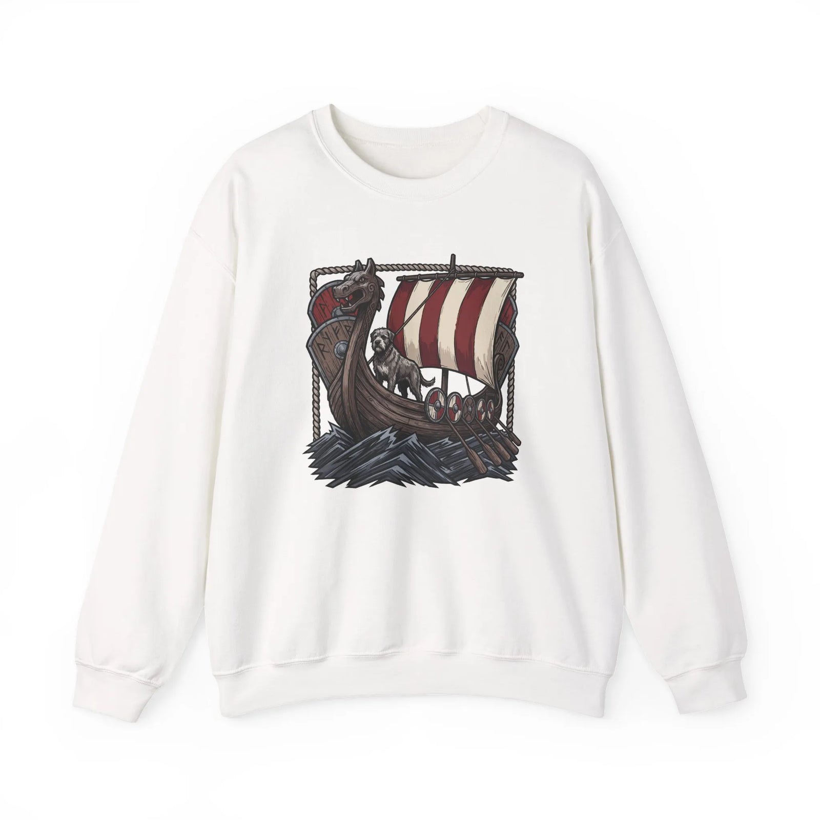 Viking Berserker Dogs Longship Prow Sweatshirt - Heavy Blend Cotton Poly Crewneck - Unisex White