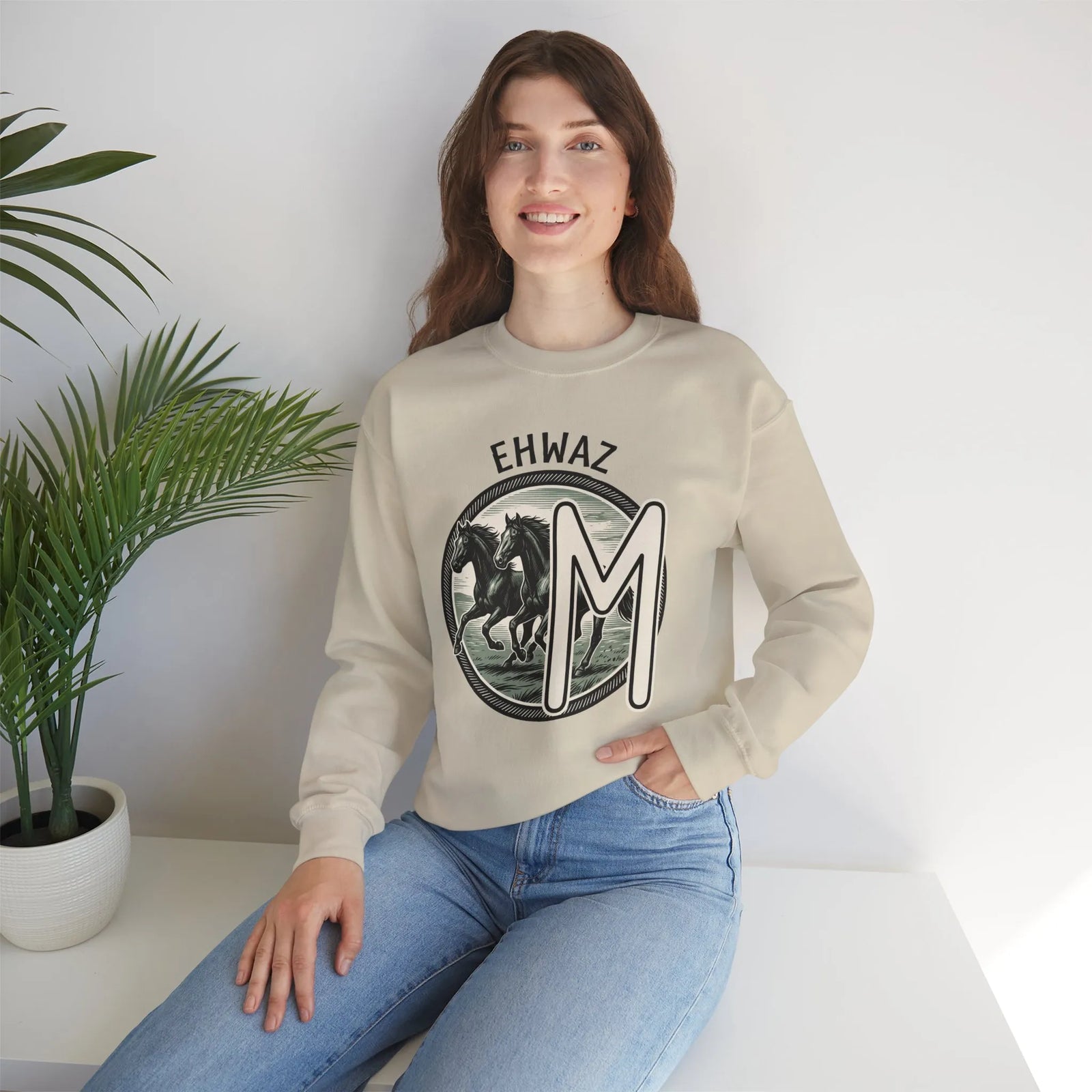 Ehwaz Divine Twins Horse Sweatshirt - Heavy Blend Cotton Blend Crewneck - Unisex White