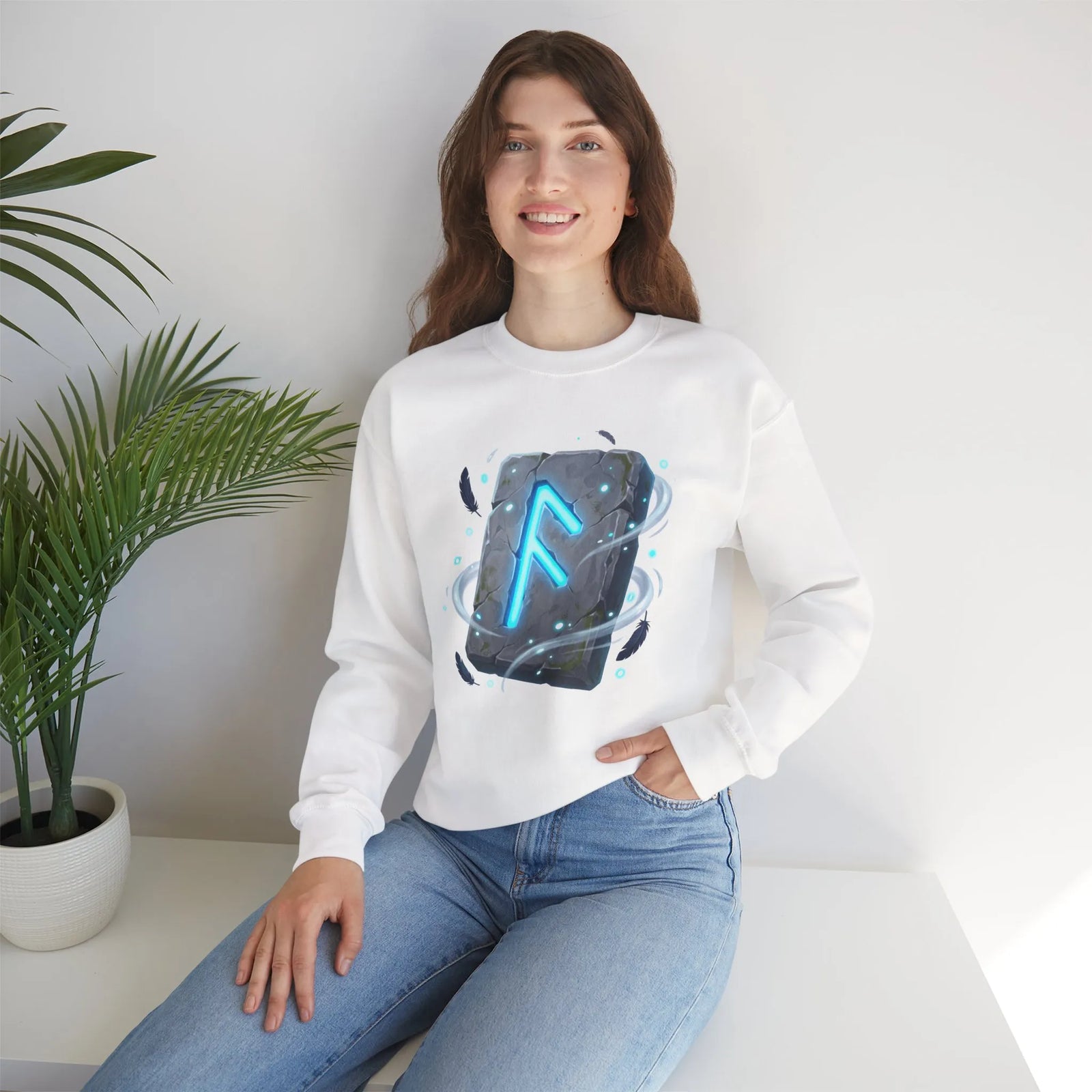 Ansuz Rune Divine Speech Graphic Sweatshirt - Heavy Blend Fleece Crewneck - Unisex White