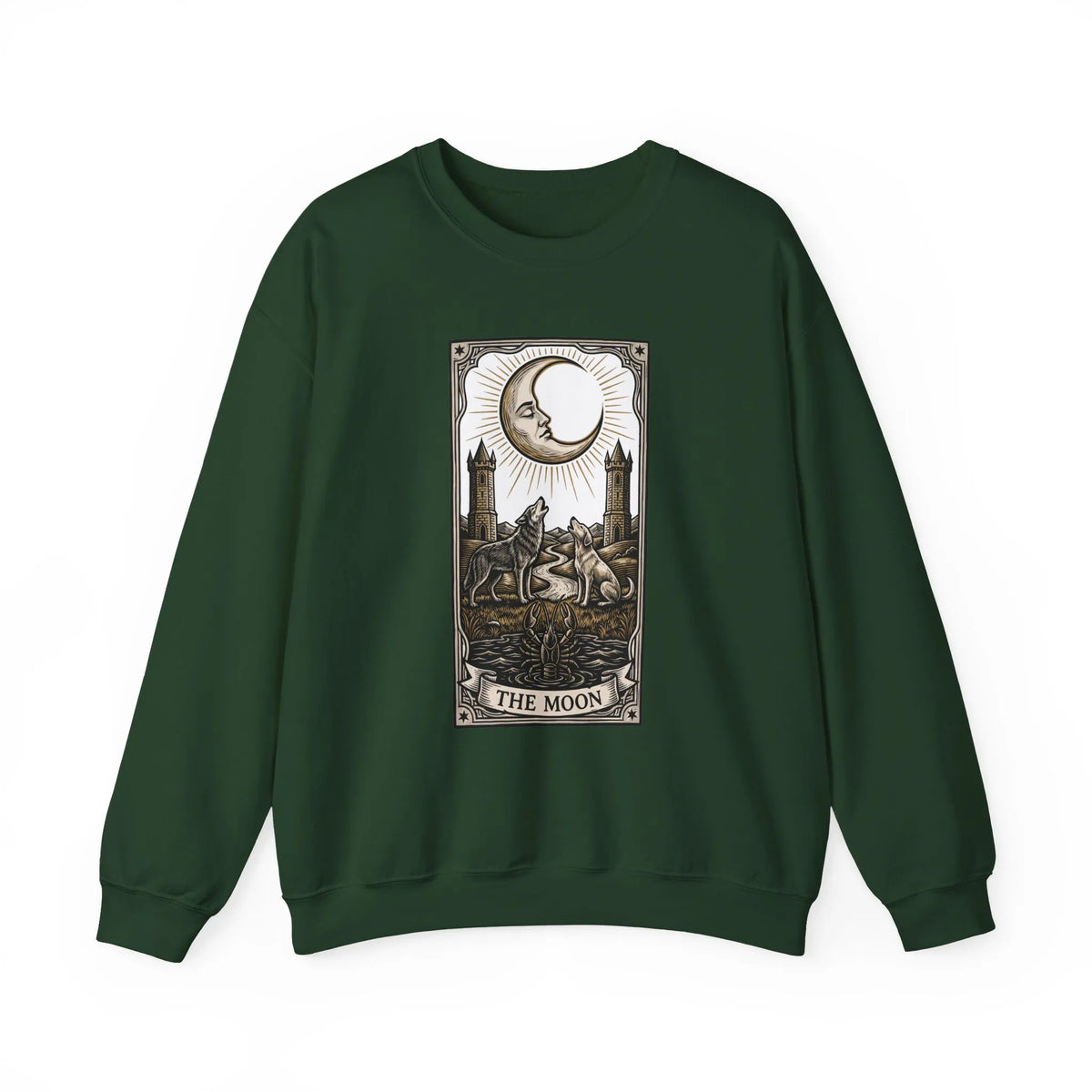 Moon Tarot Card Wolves Graphic Sweatshirt - Heavy Blend Fleece Crewneck - Unisex White