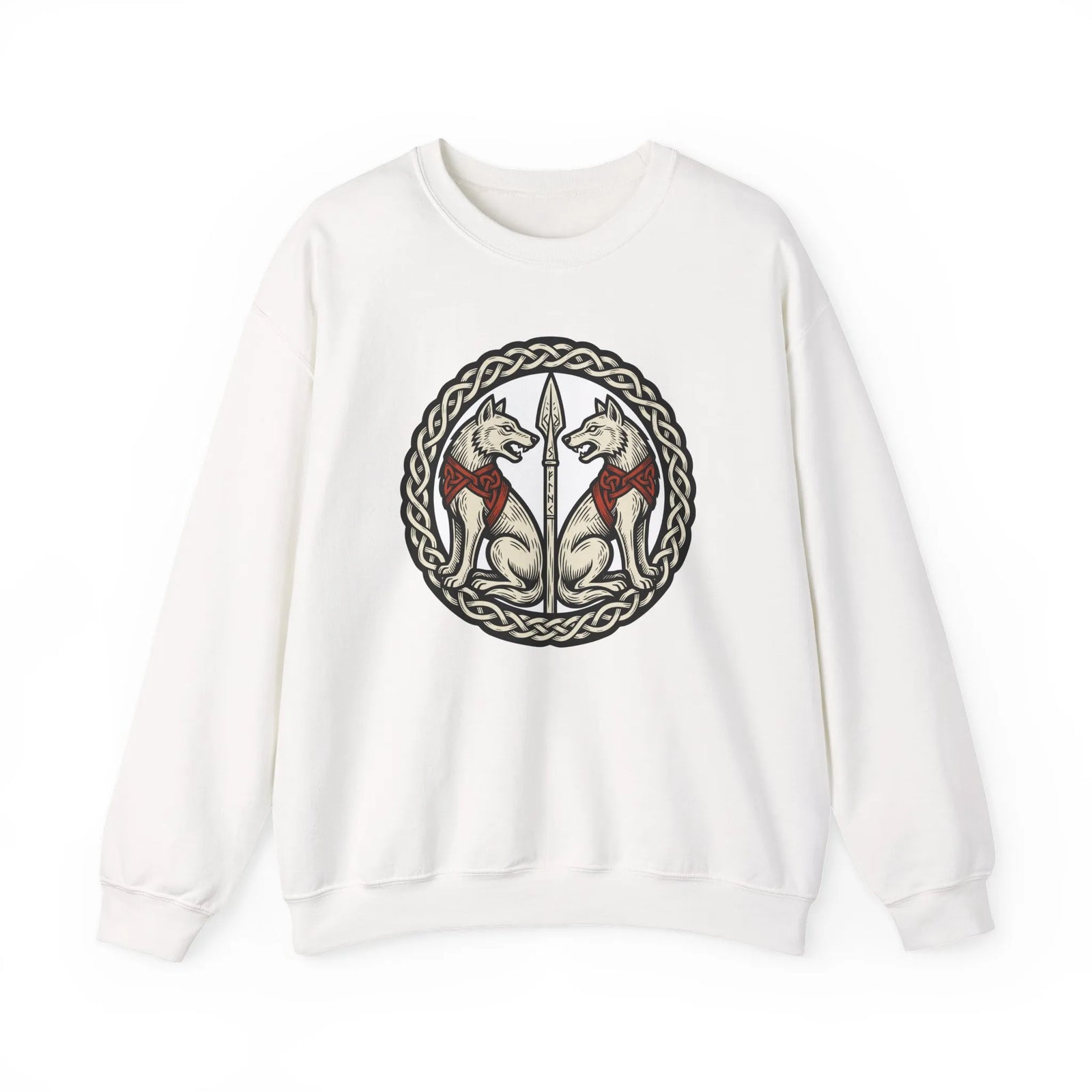 Odin's Wolves Geri & Freki Woodcut Sweatshirt - Heavy Blend Cotton Poly Crewneck - Unisex White