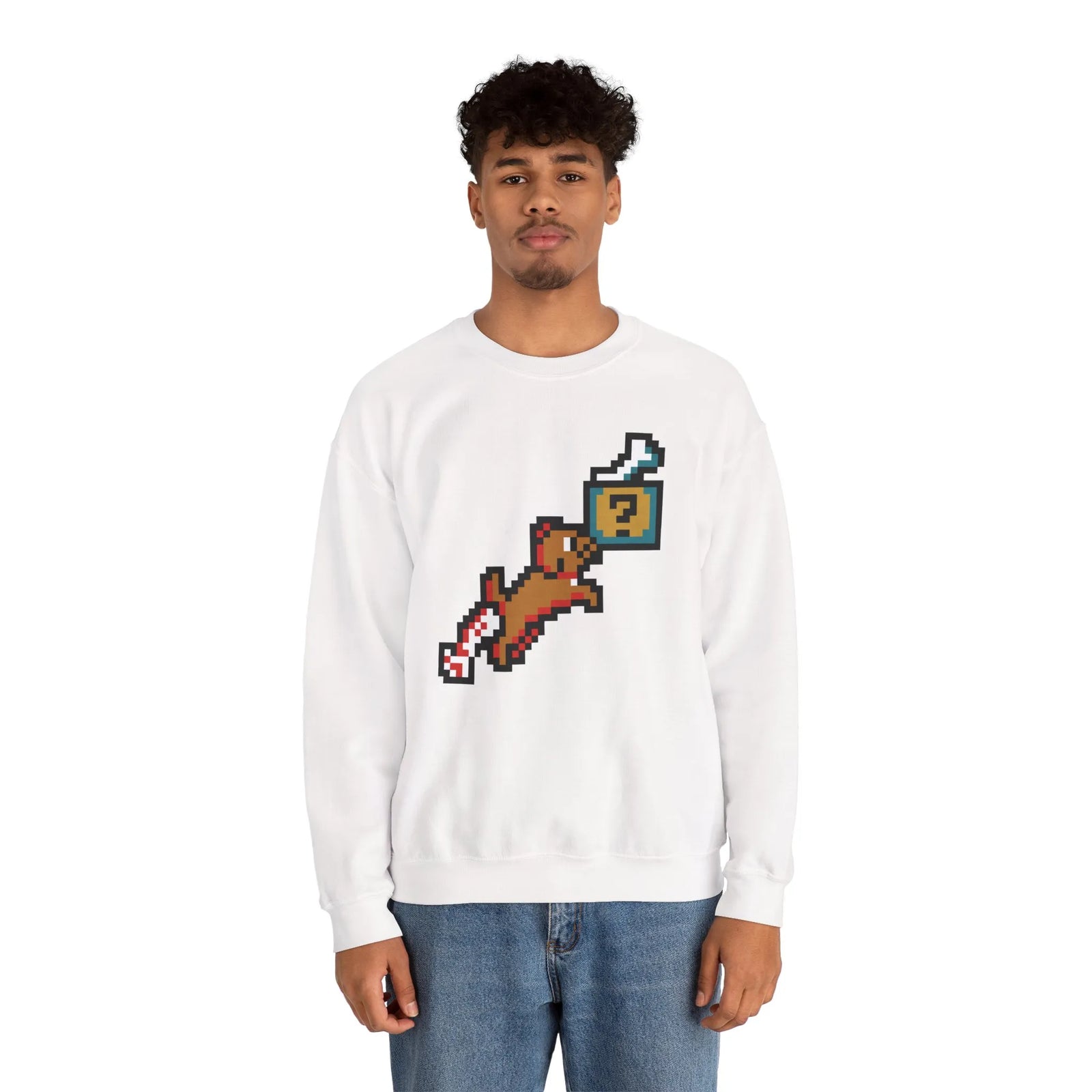 Fetch Quest 8-Bit Pixel Gaming Dog Sweatshirt - Heavy Blend Cotton Polyester Crewneck - Unisex White