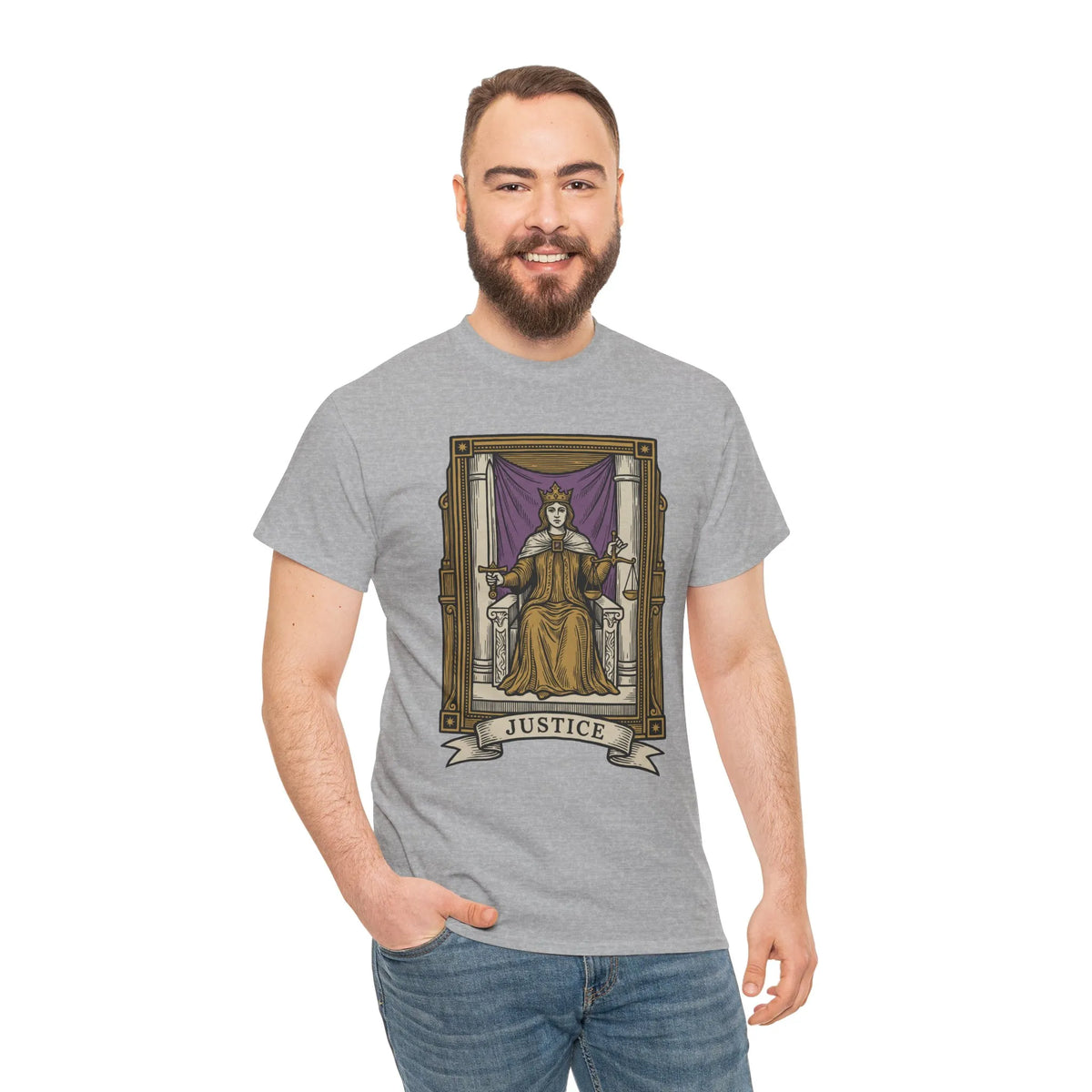 Justice Tarot Card Graphic T-Shirt - Heavy Cotton Classic Fit Tee - Unisex White