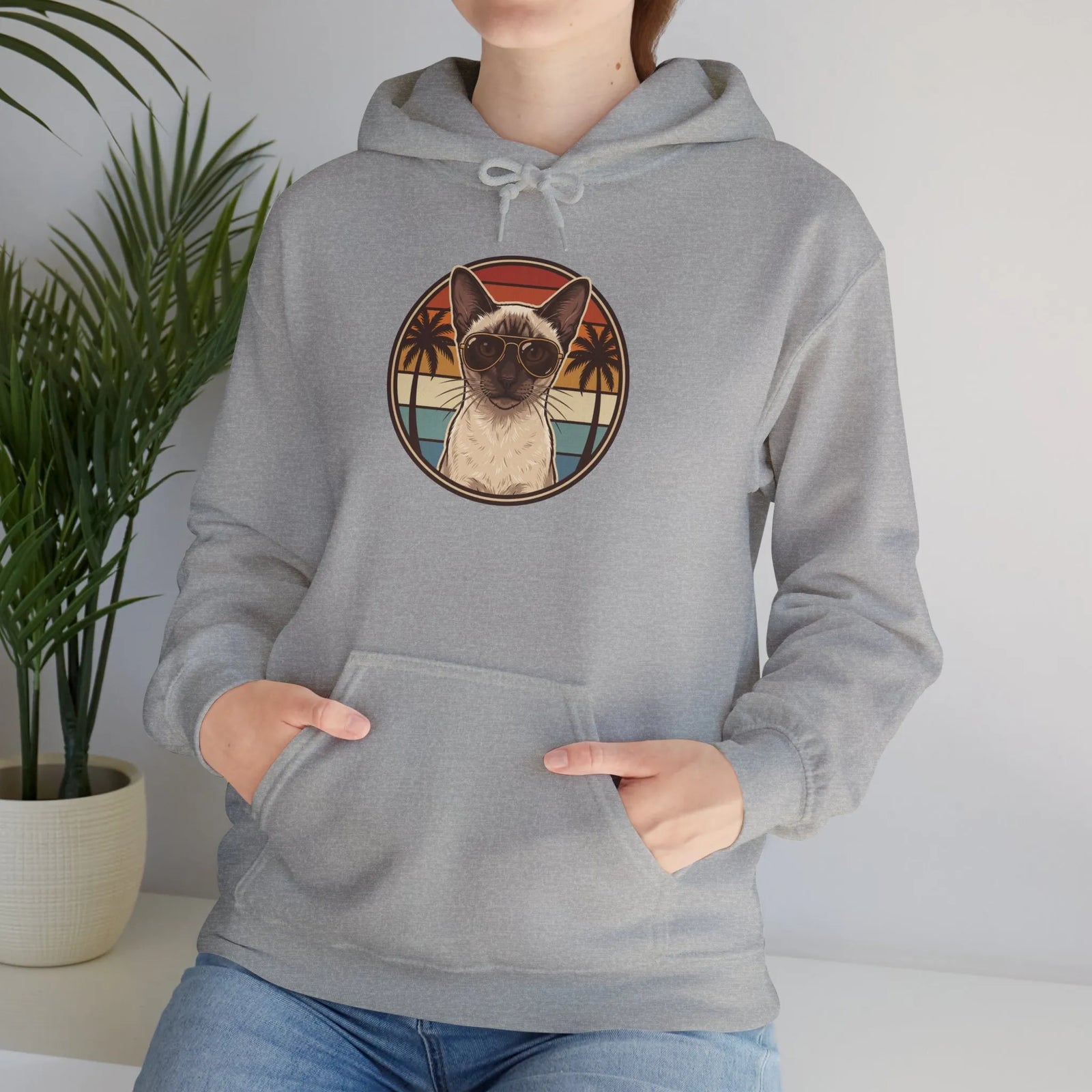 Siamese Cat Retro Sunset Aviator Hoodie - Heavy Blend Fleece Pullover - Unisex White
