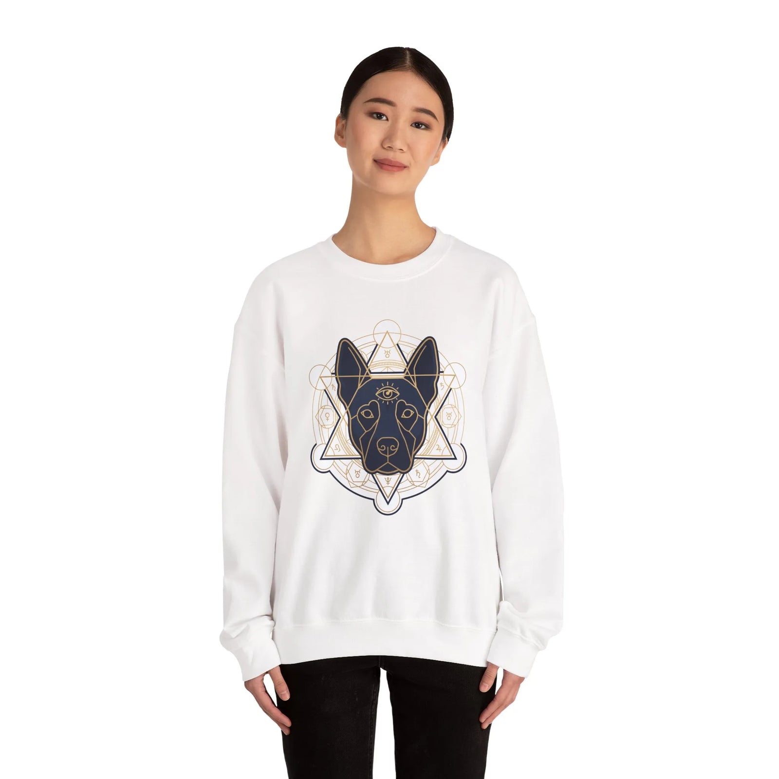 Third Eye Sacred Geometry Spirit Dog Sweatshirt - Heavy Blend Cotton Polyester Crewneck - Unisex White