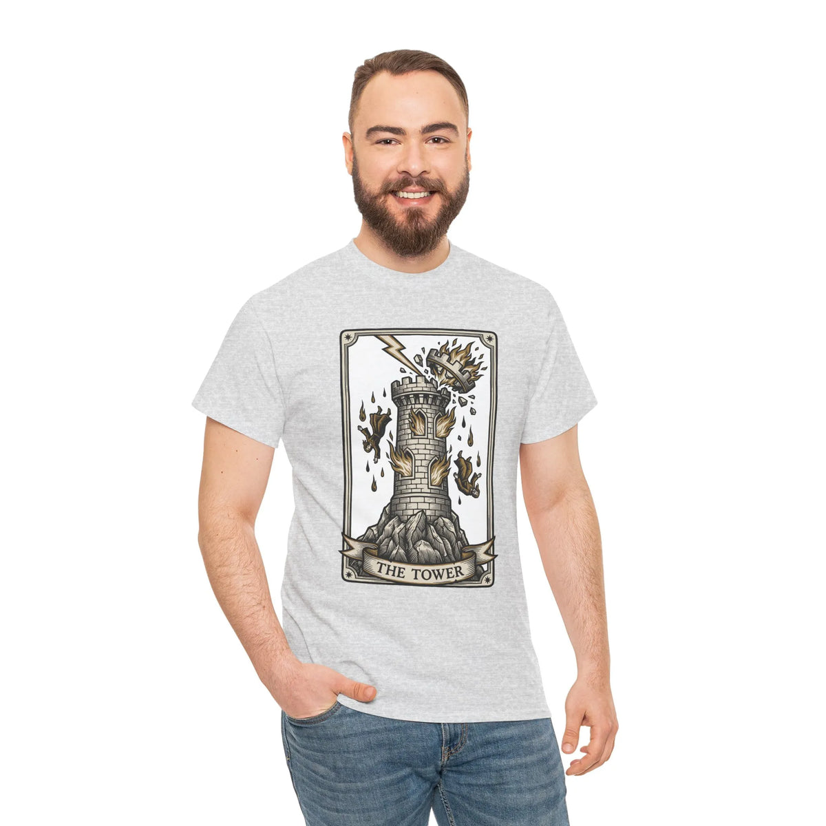 The Tower Tarot Card Graphic T-Shirt - Heavy Cotton Classic Fit Tee - Unisex White
