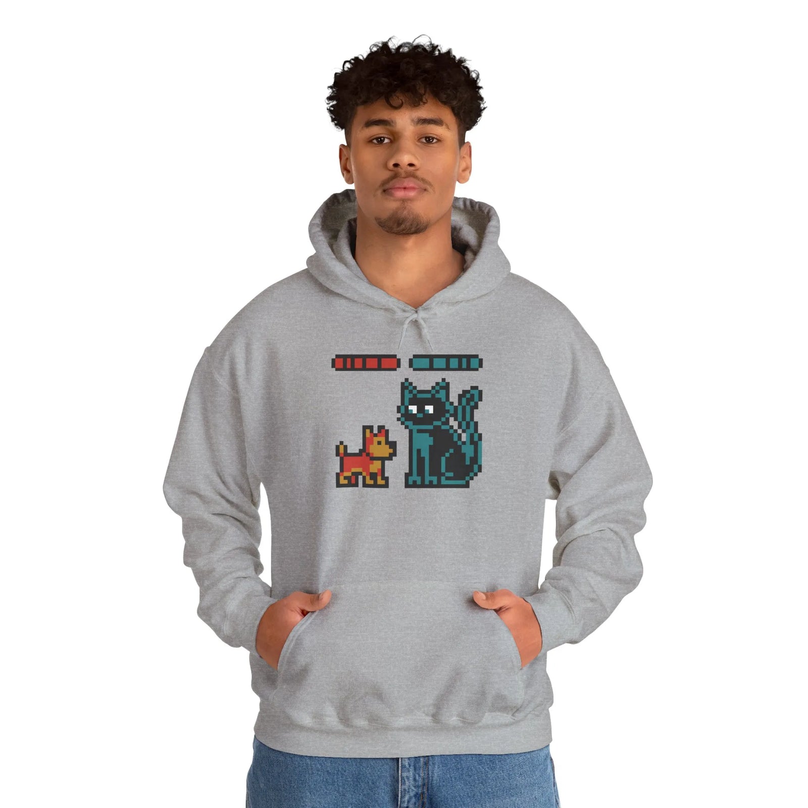 Boss Fight 8-Bit Pixel Gaming Dogs Hoodie - Medium Weight Cotton Blend Pullover - Unisex White