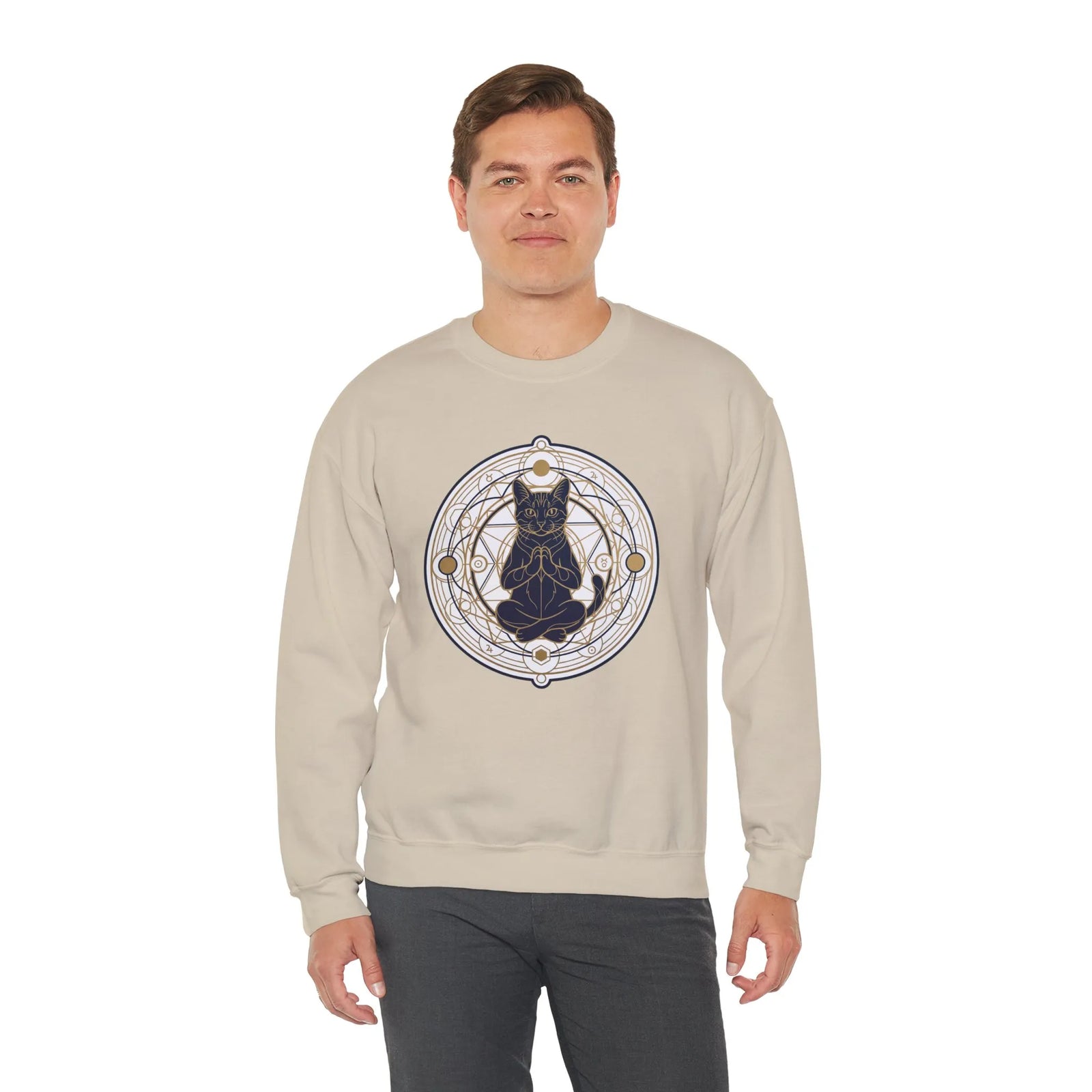 Sacred Geometry Meditating Cat Sweatshirt - Classic Fit Fleece Crewneck - Unisex White