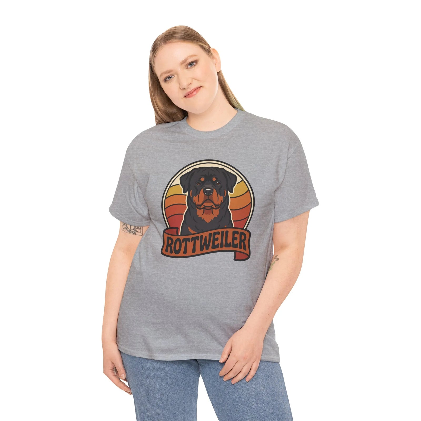Retro 70s Sunset Rottweiler T-Shirt - Heavy Cotton Classic Fit Tee - Unisex Off White