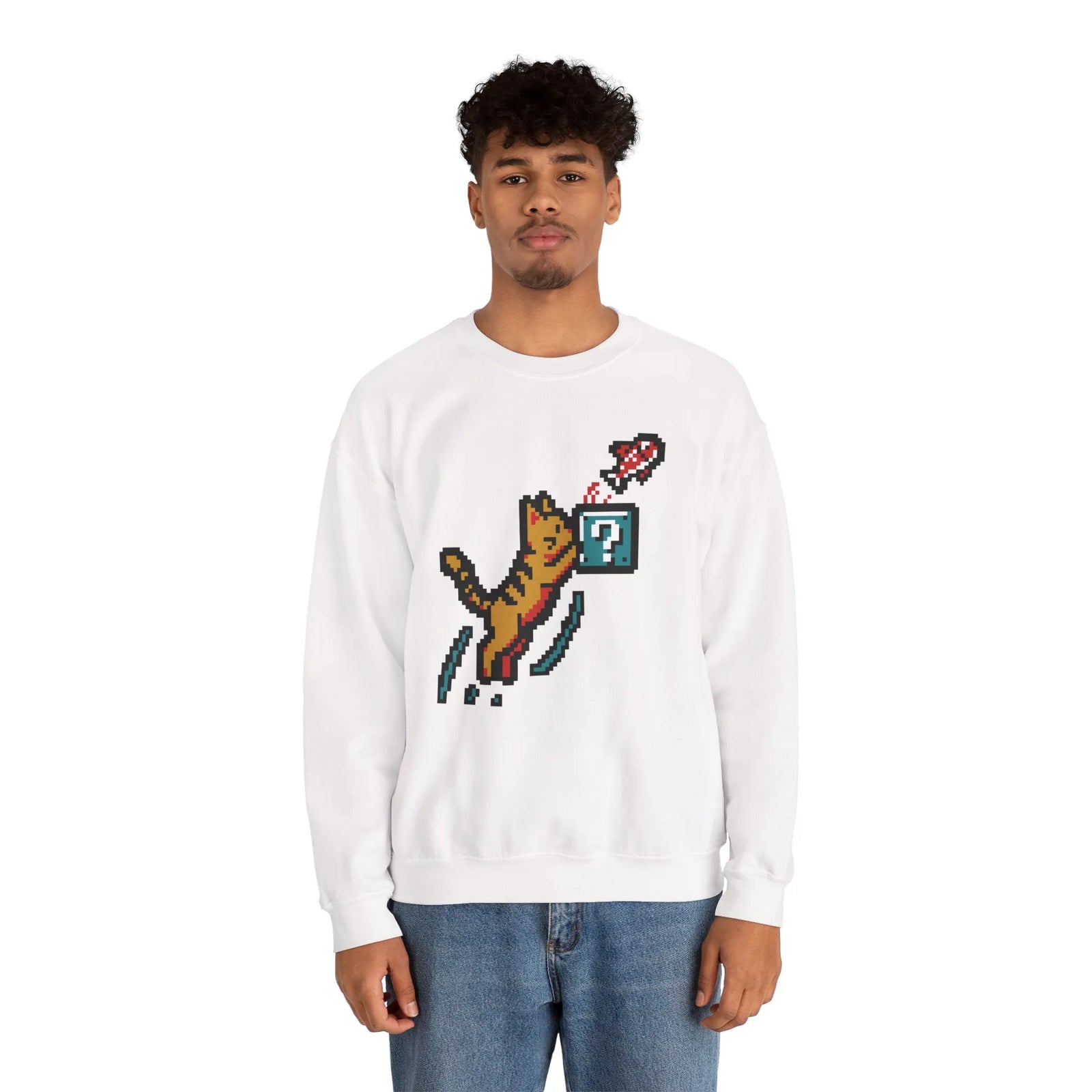 8-Bit Pixel Gaming Cats Sweatshirt - Heavy Blend Fleece Crewneck - Unisex White
