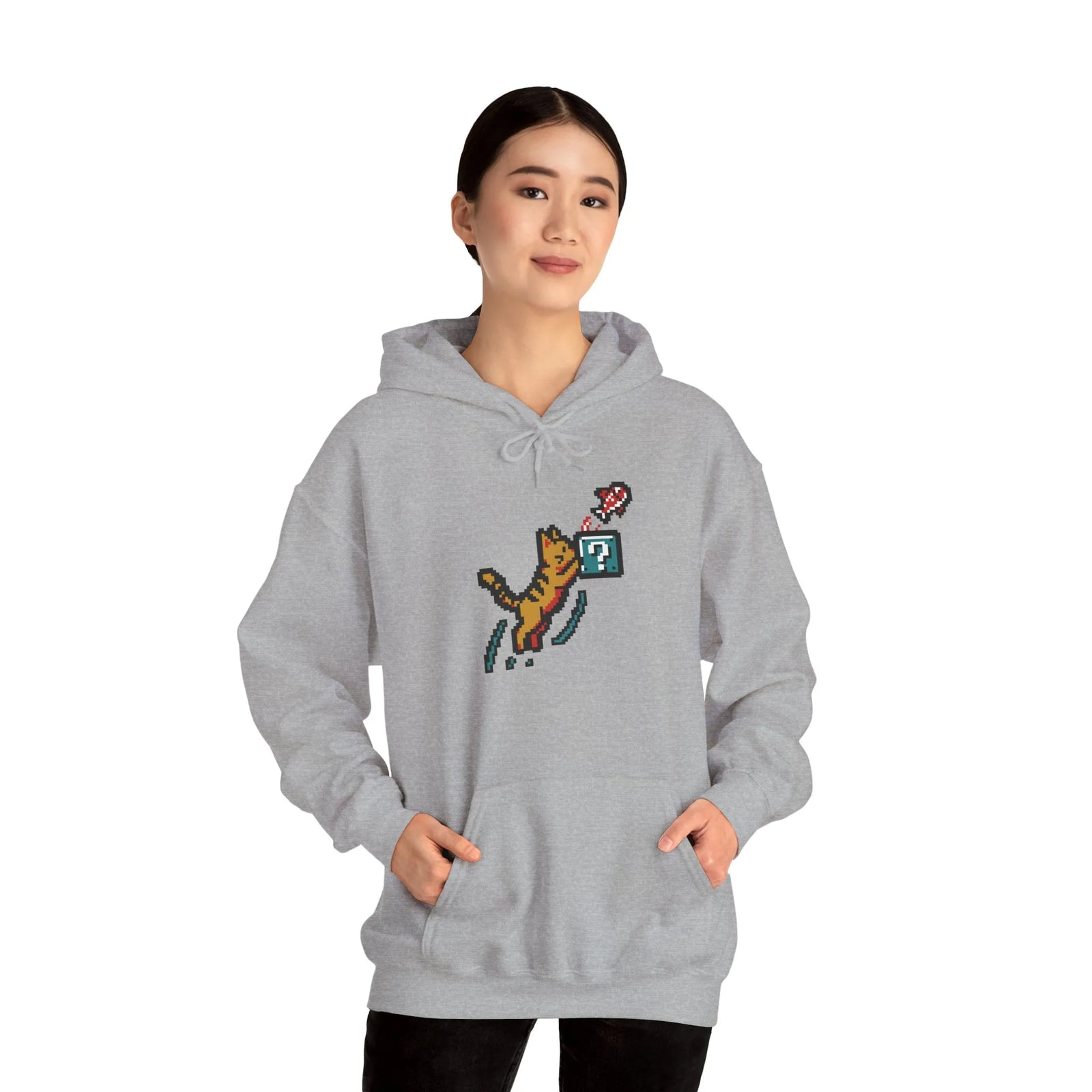 Power Up 8-Bit Pixel Gaming Cats Hoodie - Heavy Blend Fleece Pullover - Unisex White