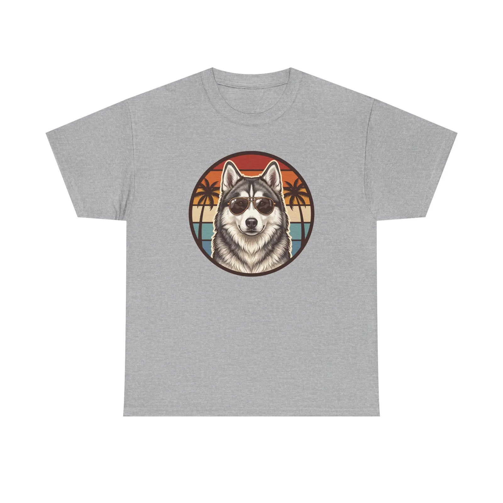 Siberian Husky Aviator Sunset T-Shirt - Heavyweight Classic Fit Cotton Tee - Unisex White