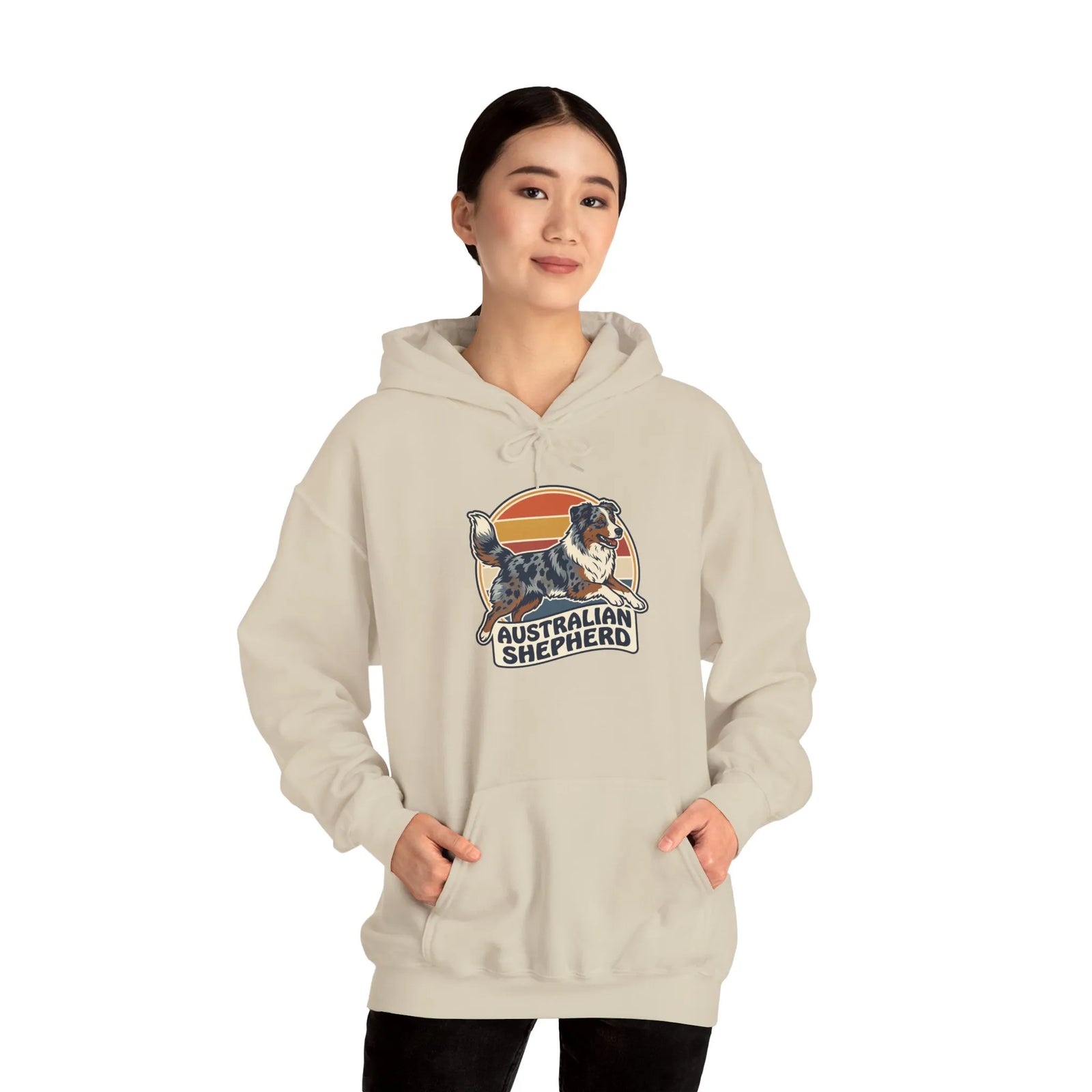 Australian Shepherd Retro 70s Sunset Hoodie - Heavy Blend Fleece Pullover - Unisex White