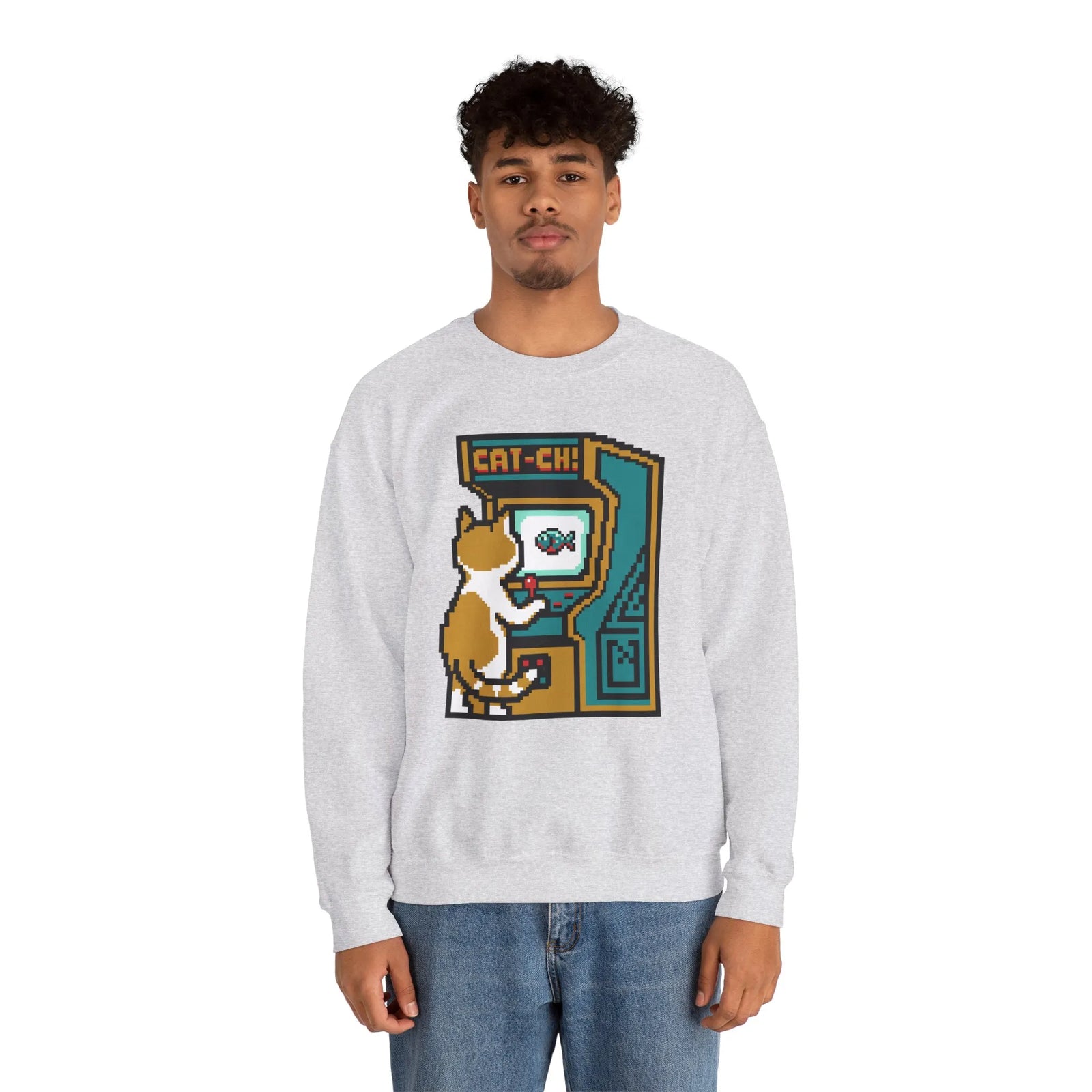 Arcade Night Pixel Gaming Cats Sweatshirt - Heavy Blend Fleece Crewneck - Unisex White
