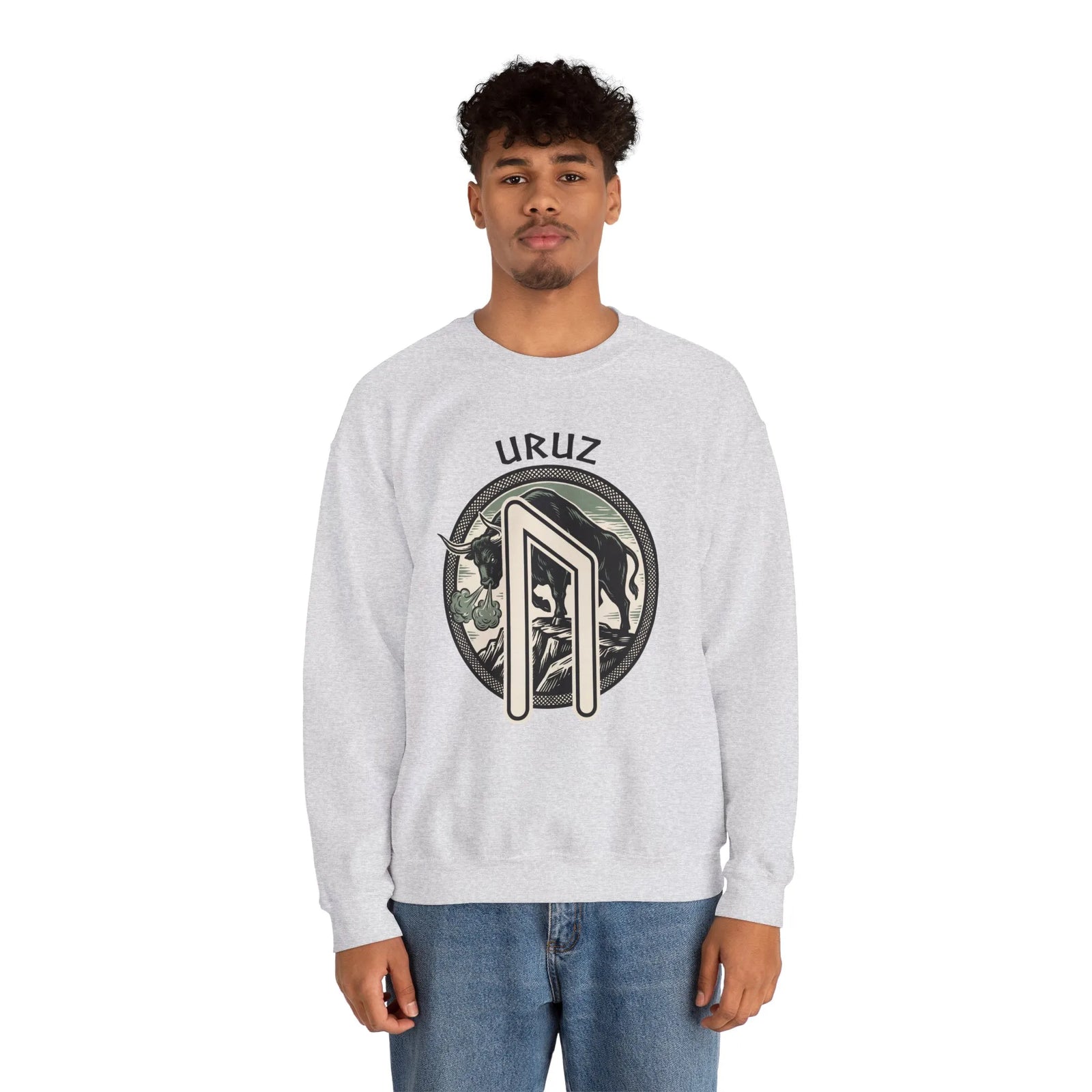 Uruz Rune Bull Norse Mythology Sweatshirt - Heavy Blend Cotton Poly Crewneck - Unisex White