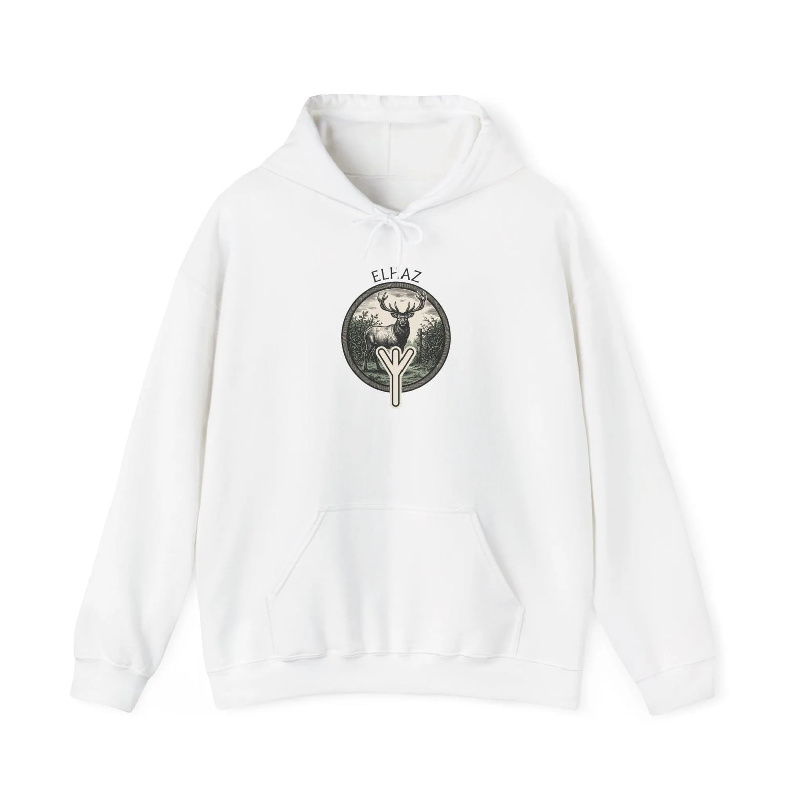 Elhaz Rune Deer Forest Graphic Hoodie - Heavy Blend Fleece Pullover - Unisex White