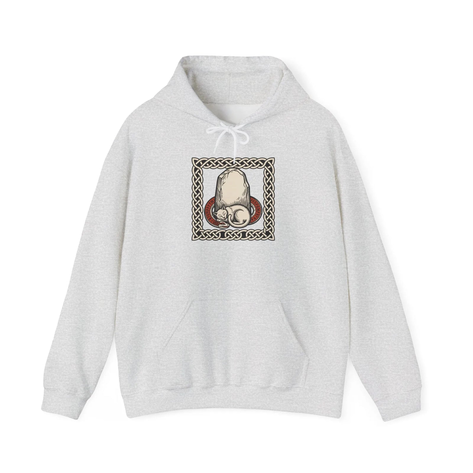 Runestone Cat Norse Woodcut Hoodie - Soft Cotton Blend Fleece Pullover - Unisex White