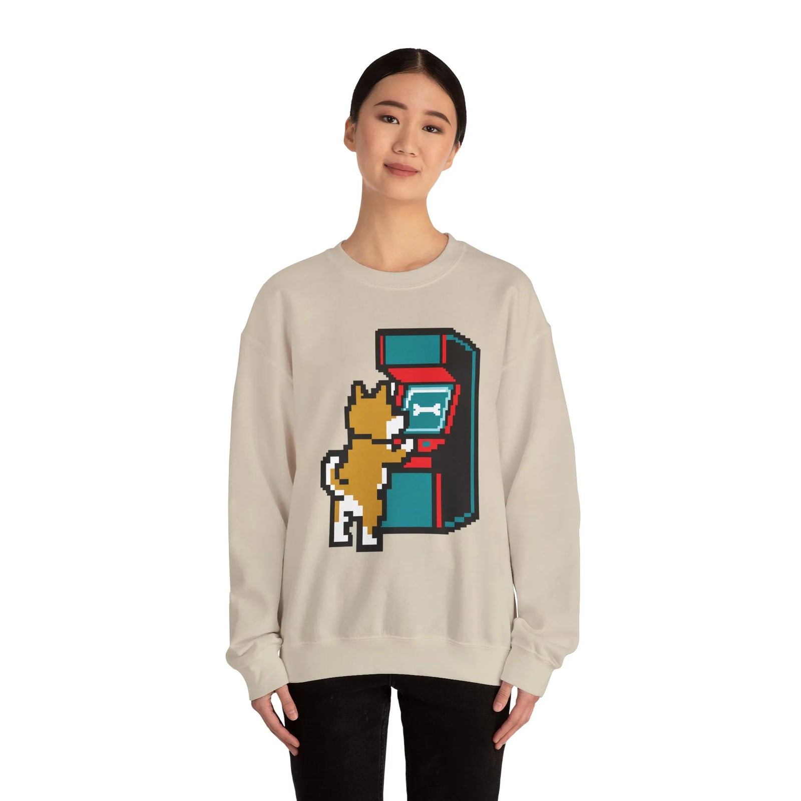 8-Bit Pixel Gaming Dog Sweatshirt - Classic Fit Fleece Crewneck - Unisex White