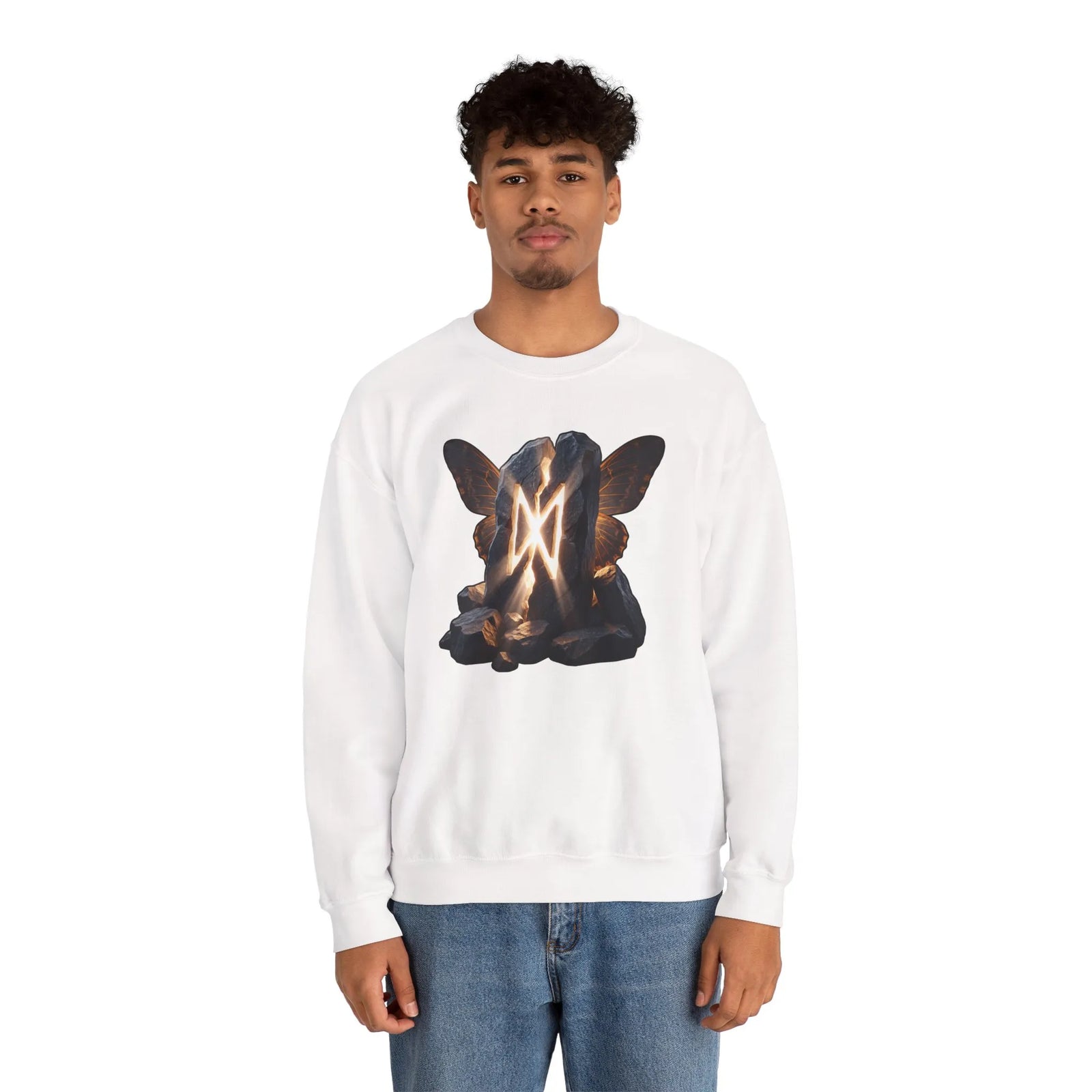 Dagaz Rune Stone Butterfly Sweatshirt - Heavy Blend Cotton Poly Crewneck - Unisex Off-White