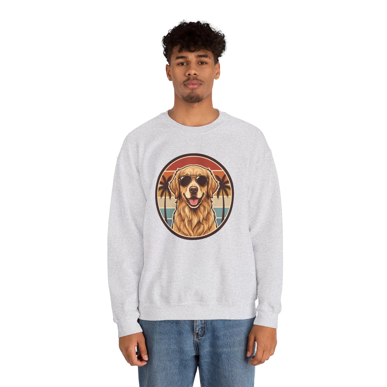 Golden Retriever Sunset Sweatshirt - Heavy Blend Cotton Poly Crewneck - Unisex White