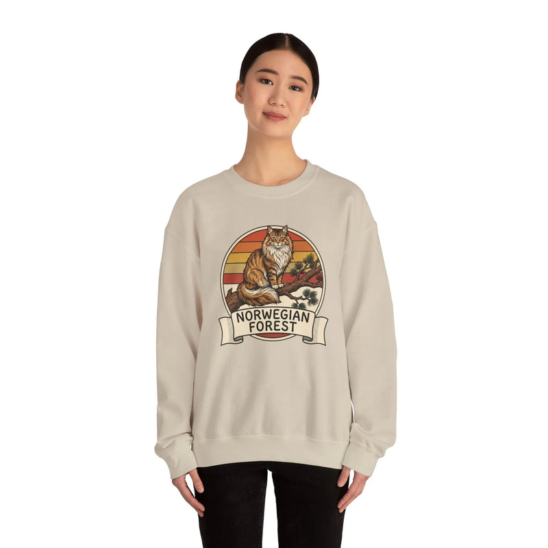 Norwegian Forest Cat Retro Sunset Sweatshirt - Heavy Blend Fleece Crewneck - Unisex White