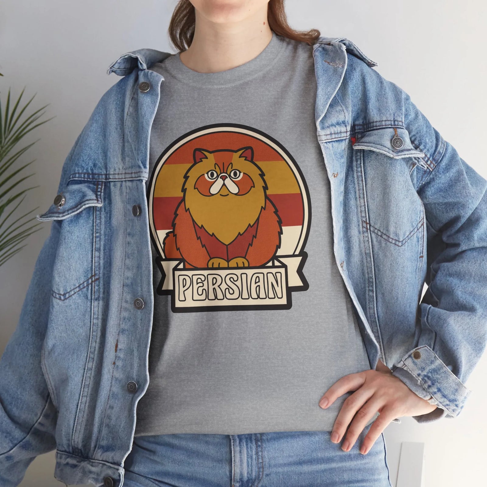 Persian Cat Retro Sunset T-Shirt - Heavy Cotton Classic Fit Tee - Unisex White