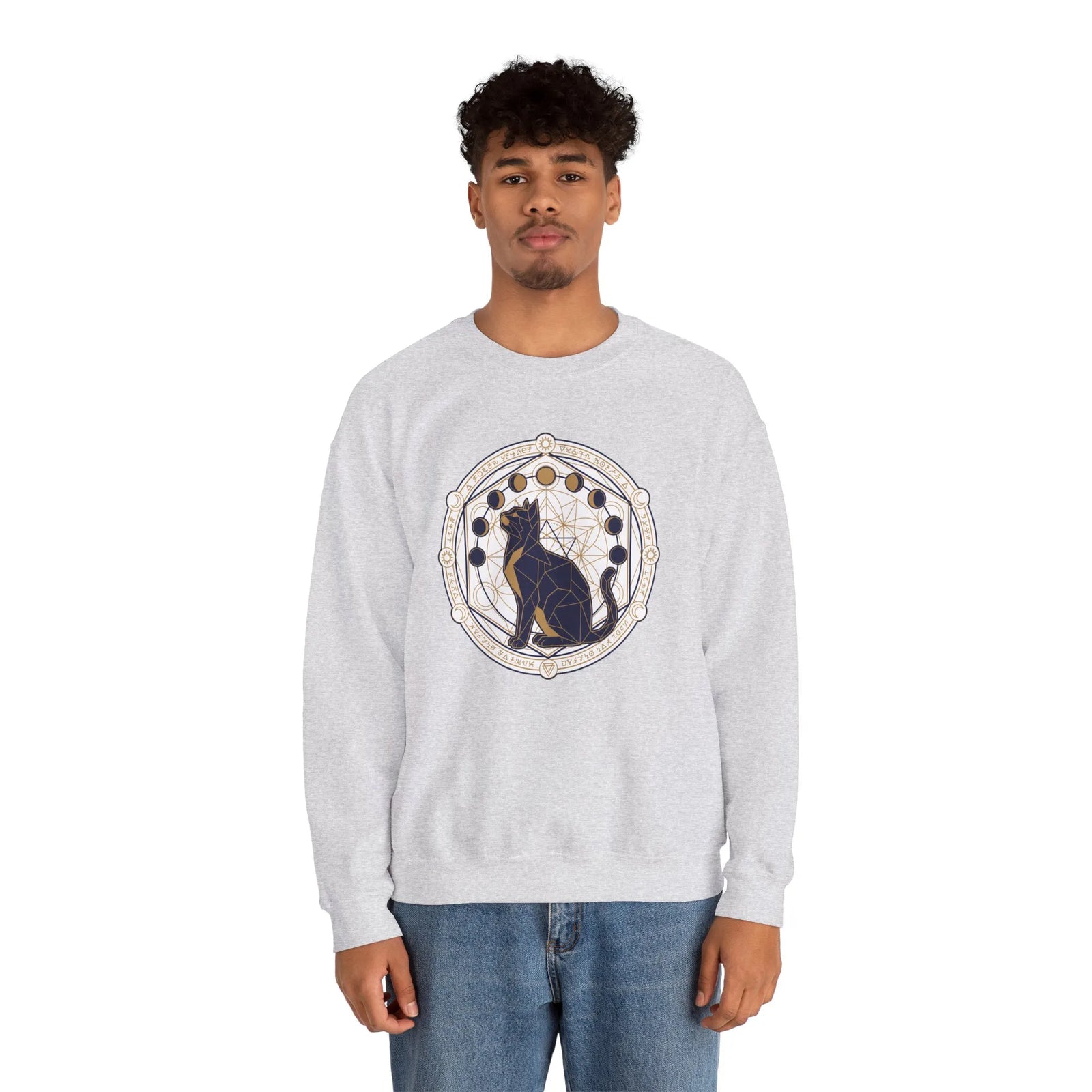 Moon Phases Sacred Geometry Cat Sweatshirt - Heavy Blend Cotton Polyester Crewneck - Unisex White