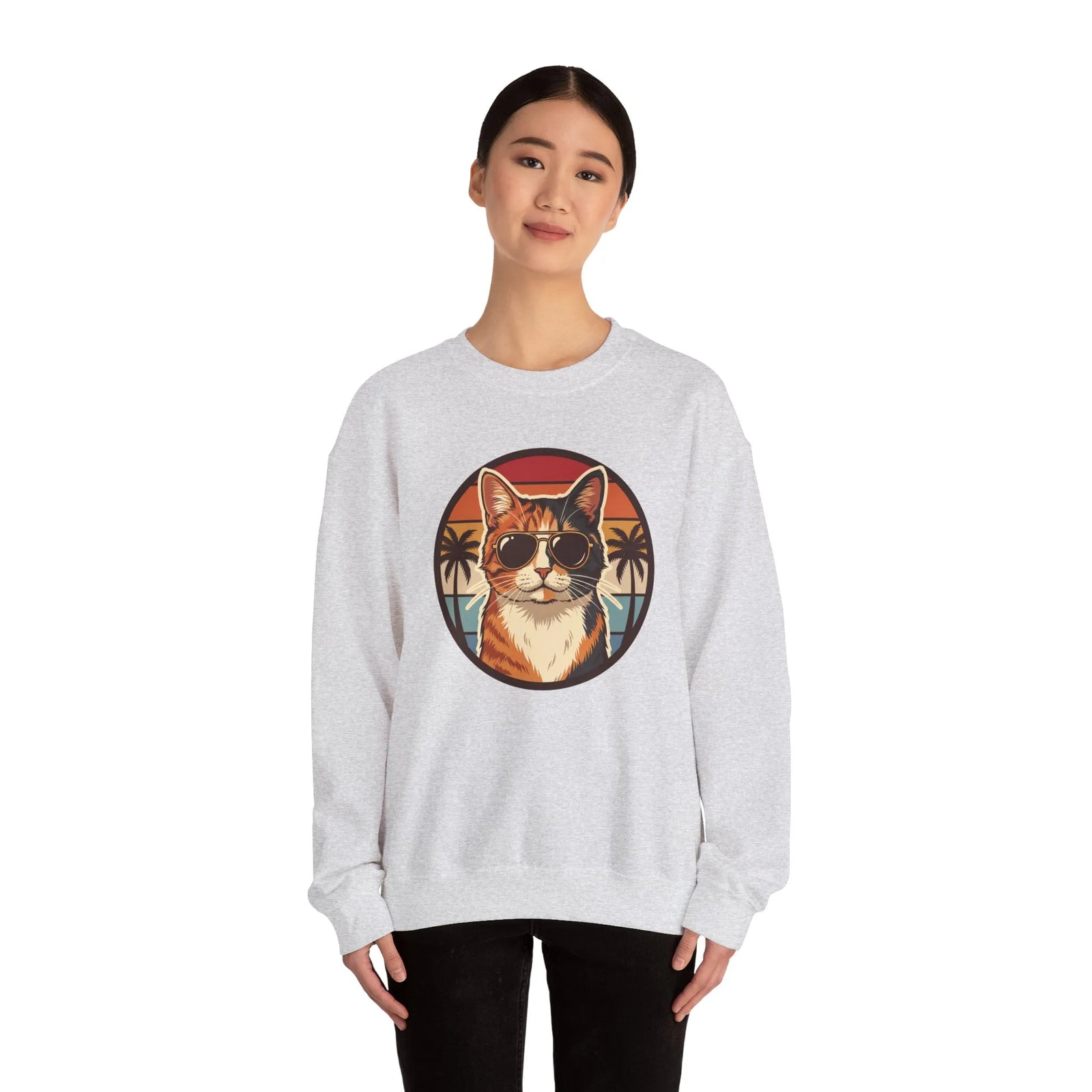 Calico Cool Cats 70s Sunset Aviators Sweatshirt - Medium Heavyweight Fleece Crewneck - Unisex White