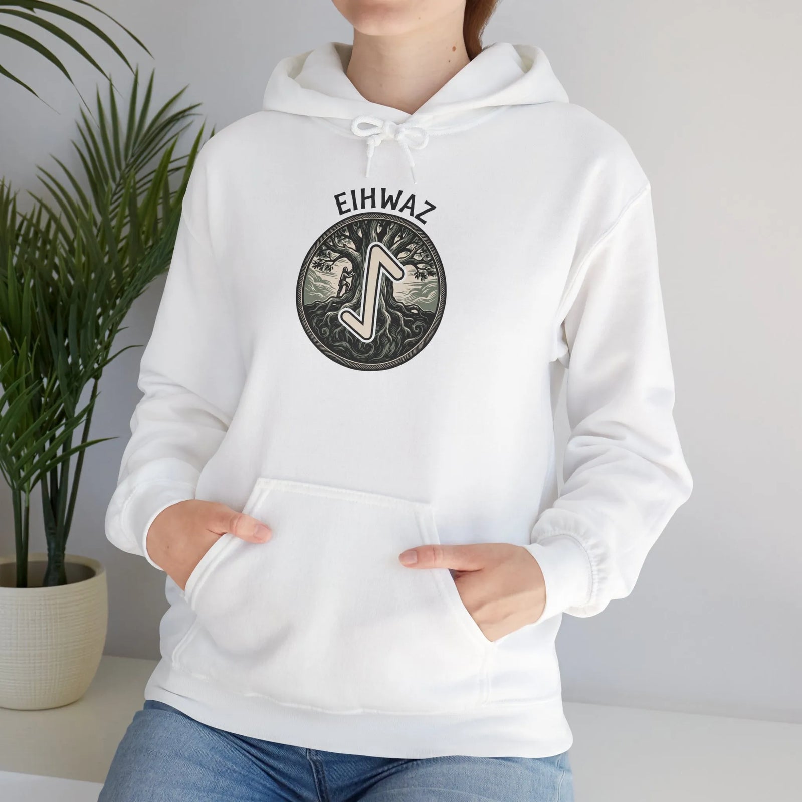 Eihwaz Yew World Tree Rune Hoodie - Soft Cotton Blend Pullover - Unisex White