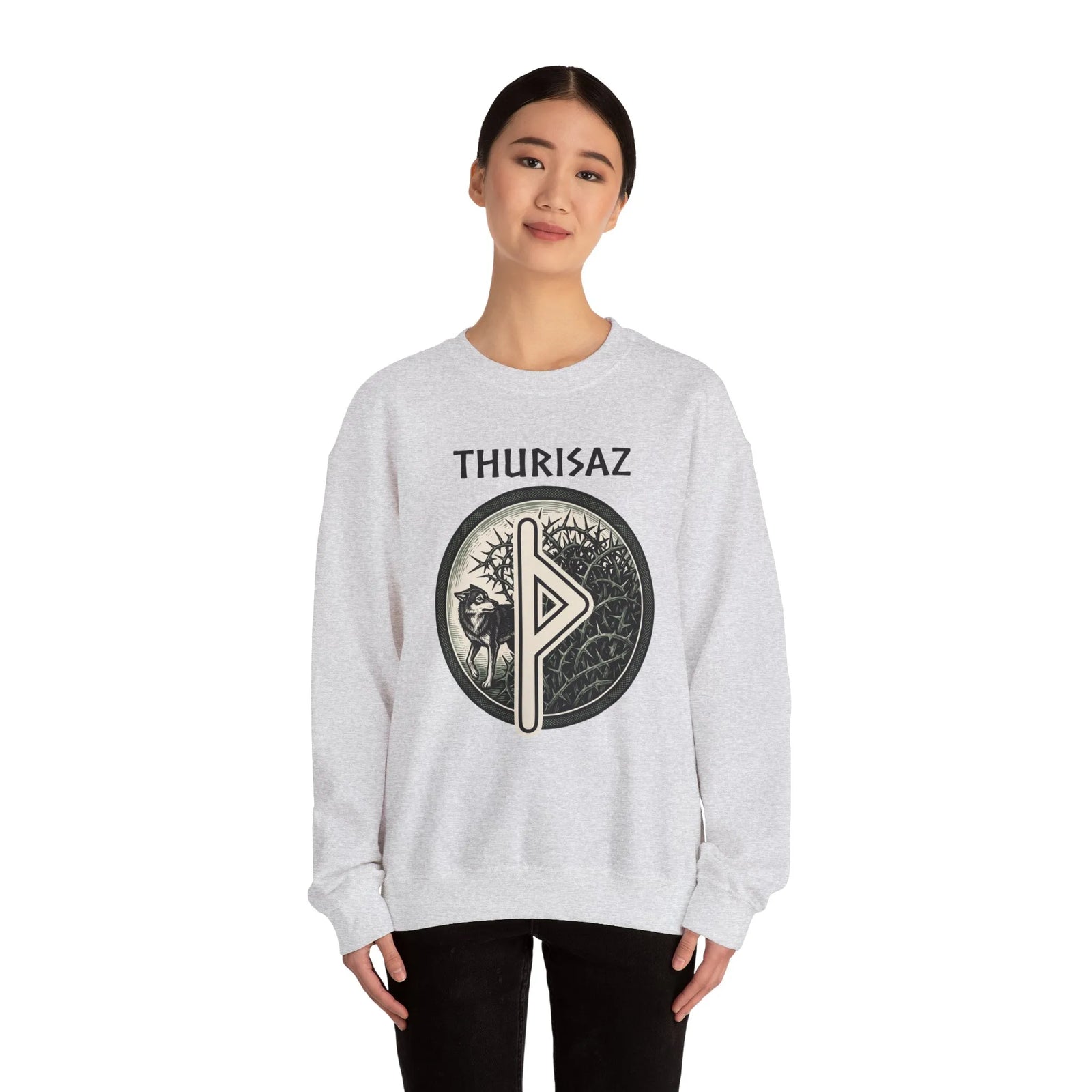 Norse Thurisaz Rune Wolf Sweatshirt - Heavy Blend Fleece Crewneck - Unisex Off White