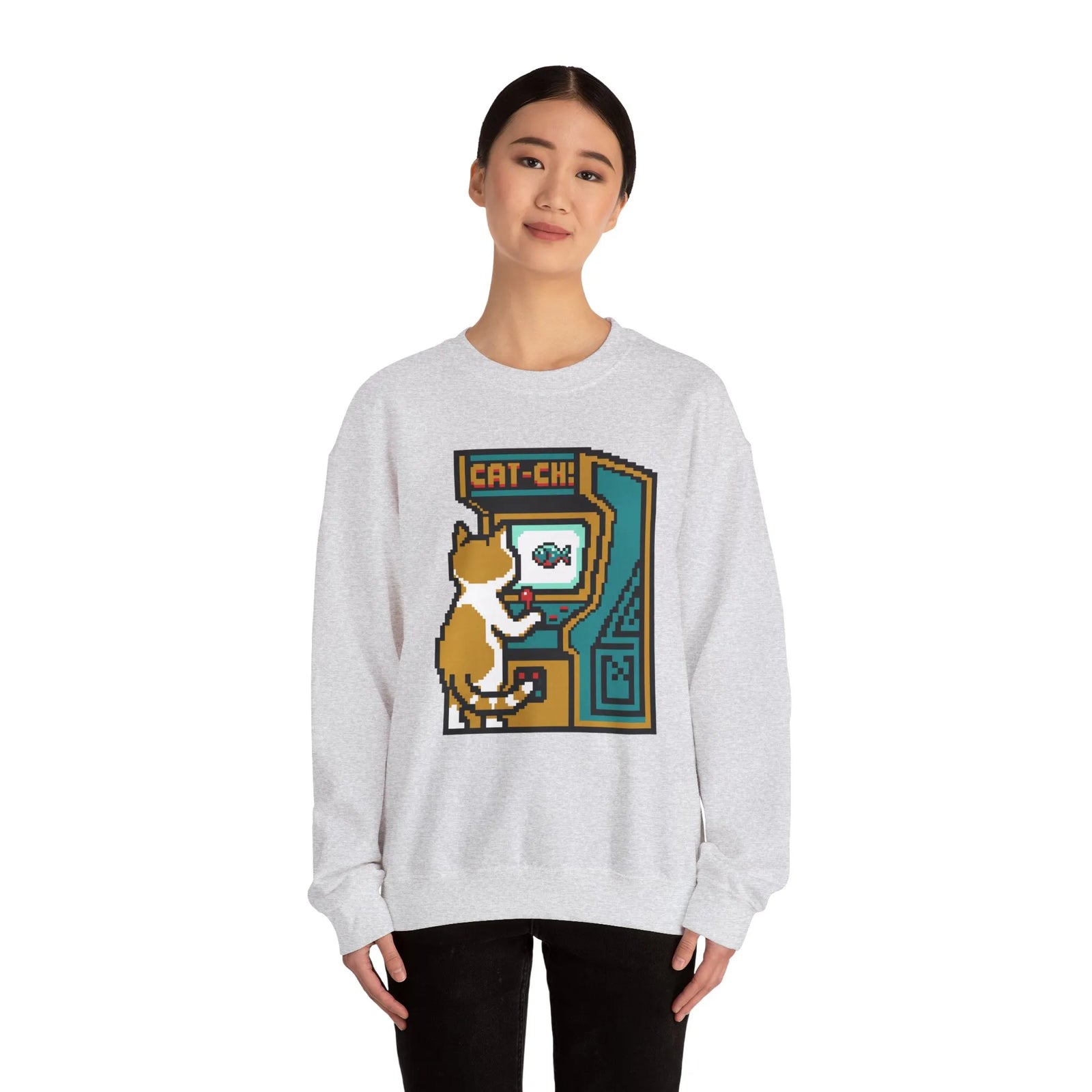 Arcade Night Pixel Gaming Cats Sweatshirt - Heavy Blend Fleece Crewneck - Unisex White